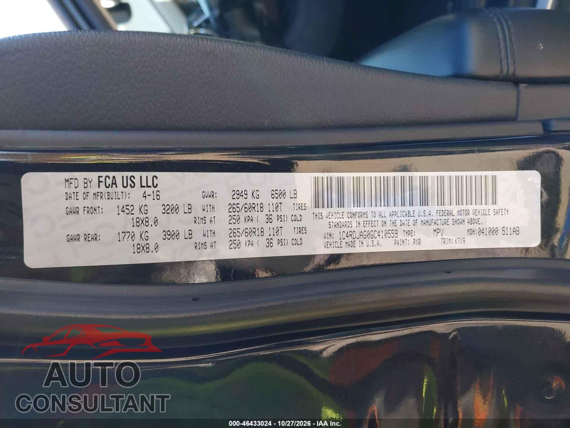 DODGE DURANGO 2016 - 1C4RDJAG0GC410559