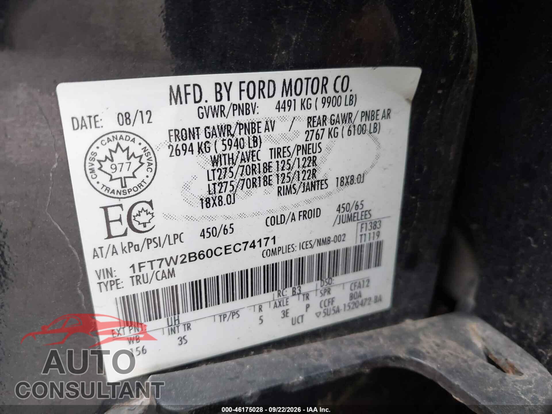 FORD F-250 2012 - 1FT7W2B60CEC74171