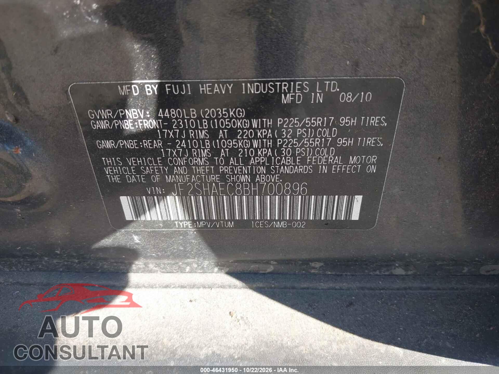 SUBARU FORESTER 2011 - JF2SHAEC8BH700896