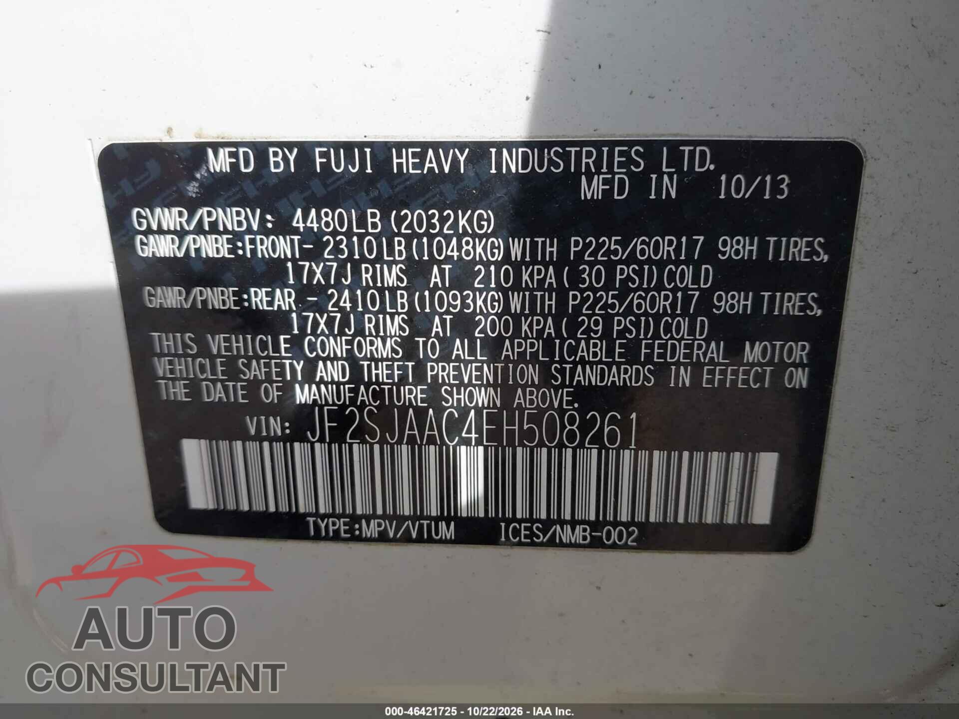 SUBARU FORESTER 2014 - JF2SJAAC4EH508261
