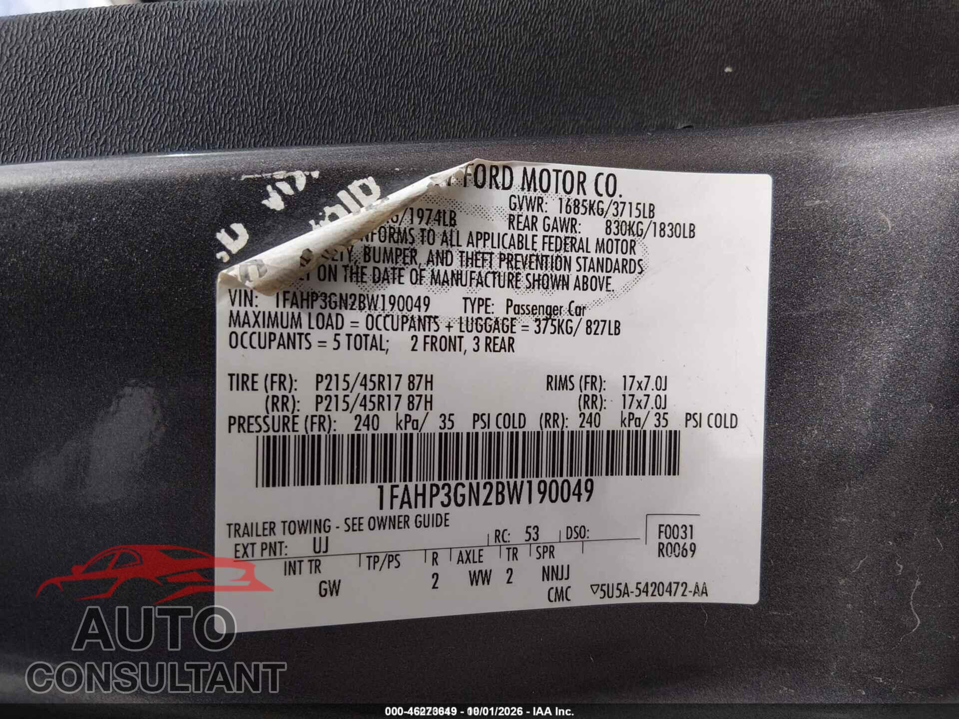 FORD FOCUS 2011 - 1FAHP3GN2BW190049