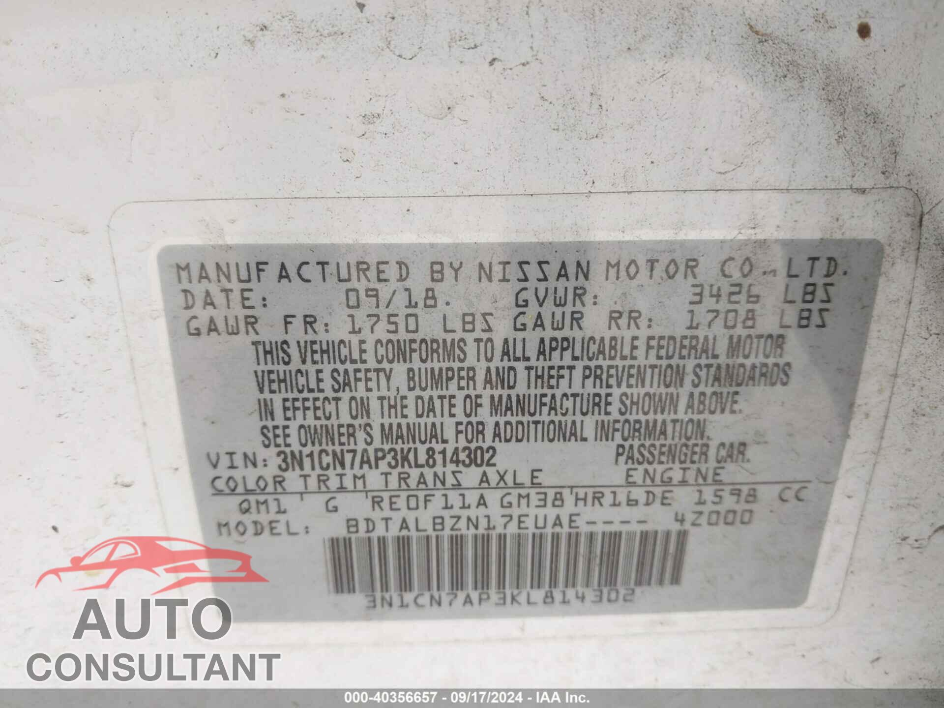 NISSAN VERSA 2019 - 3N1CN7AP3KL814302