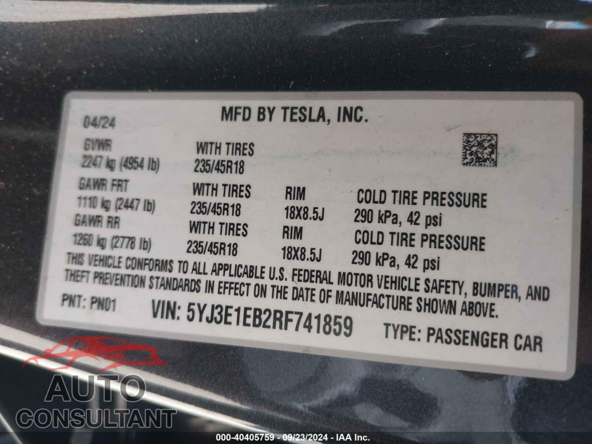 TESLA MODEL 3 2024 - 5YJ3E1EB2RF741859