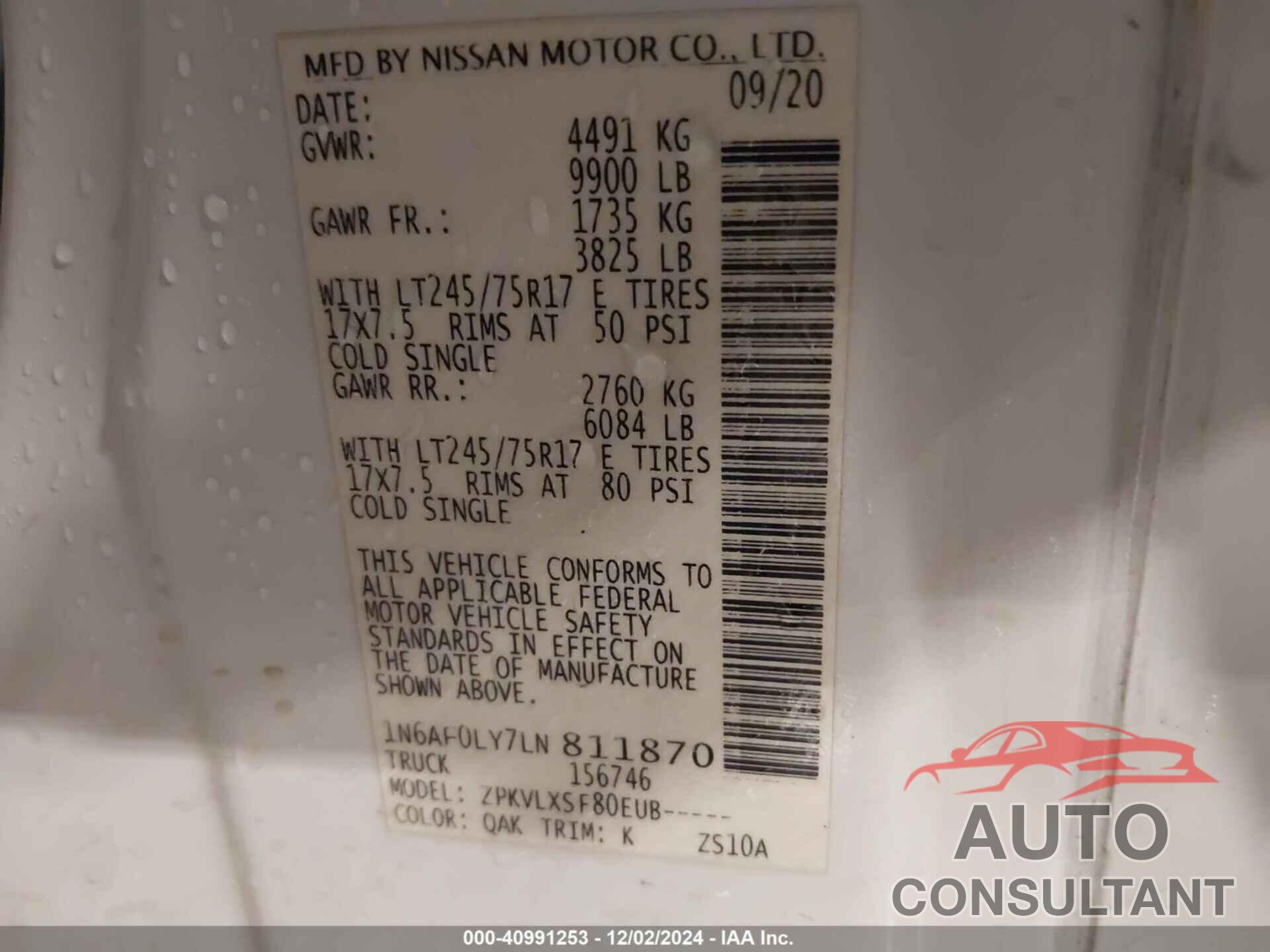 NISSAN NV CARGO NV3500 HD 2020 - 1N6AF0LY7LN811870