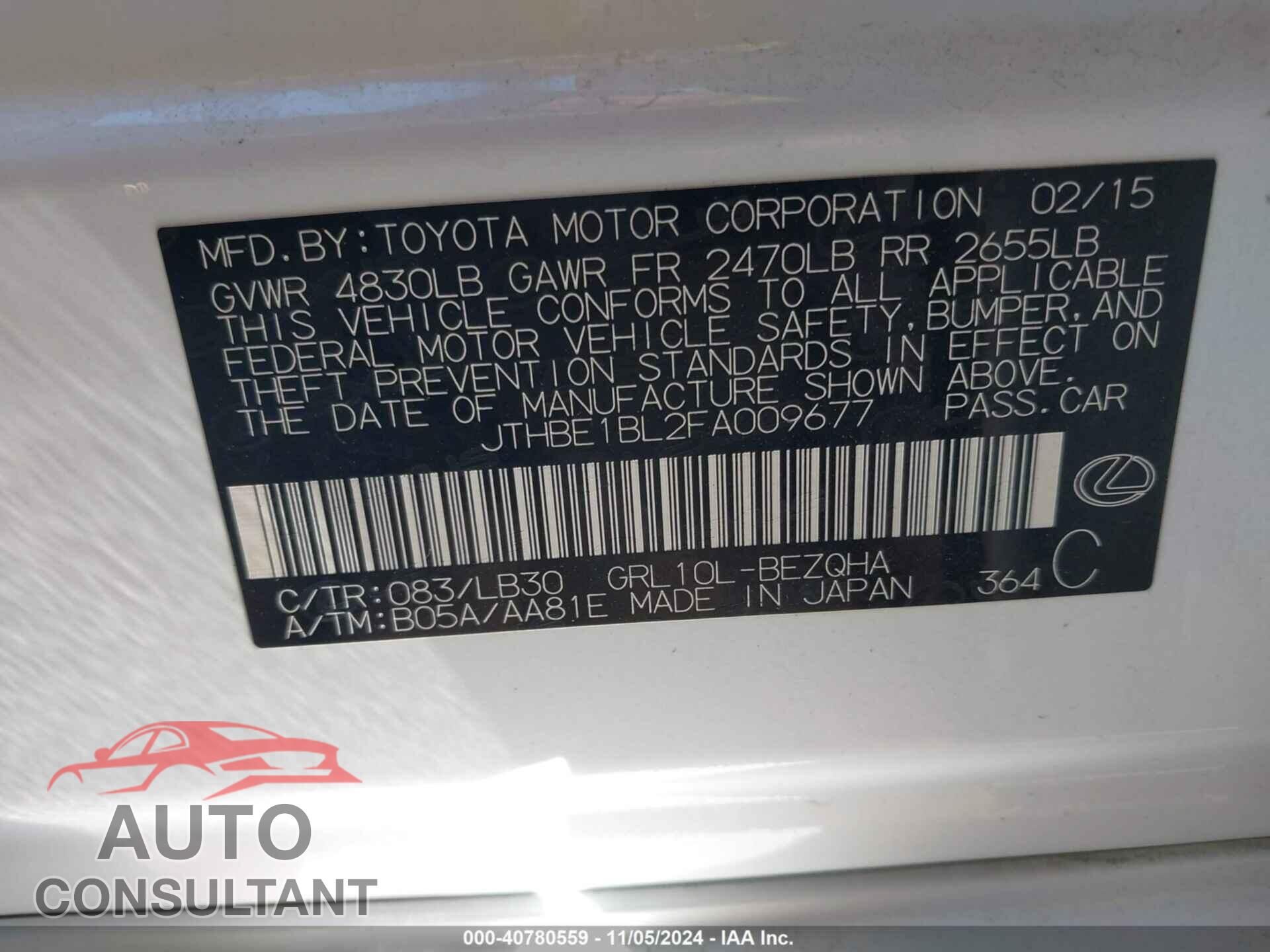 LEXUS GS 2015 - JTHBE1BL2FA009677