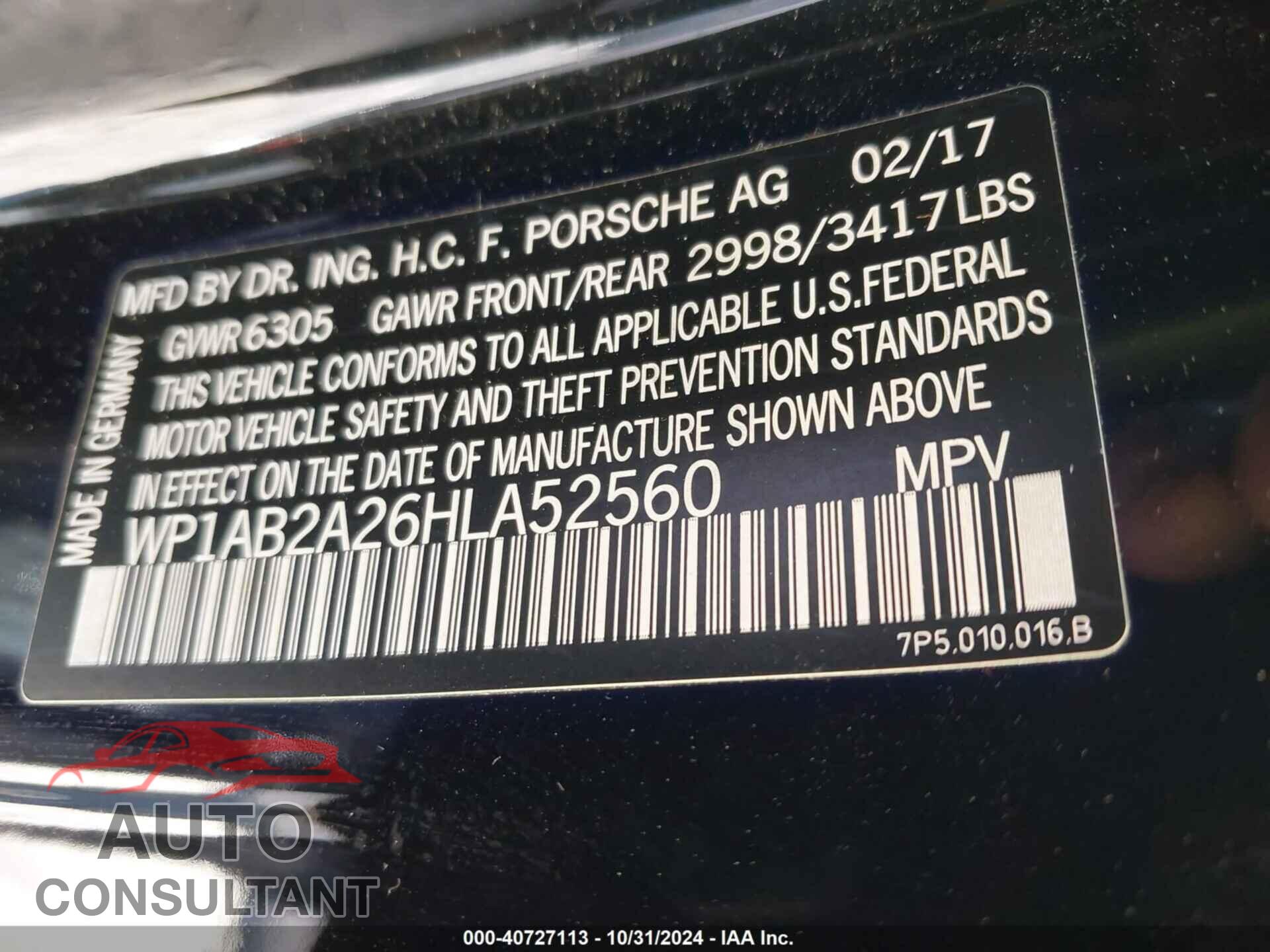 PORSCHE CAYENNE 2017 - WP1AB2A26HLA52560
