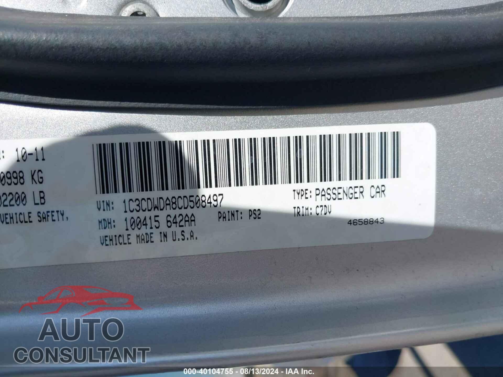 DODGE CALIBER 2012 - 1C3CDWDA8CD508497