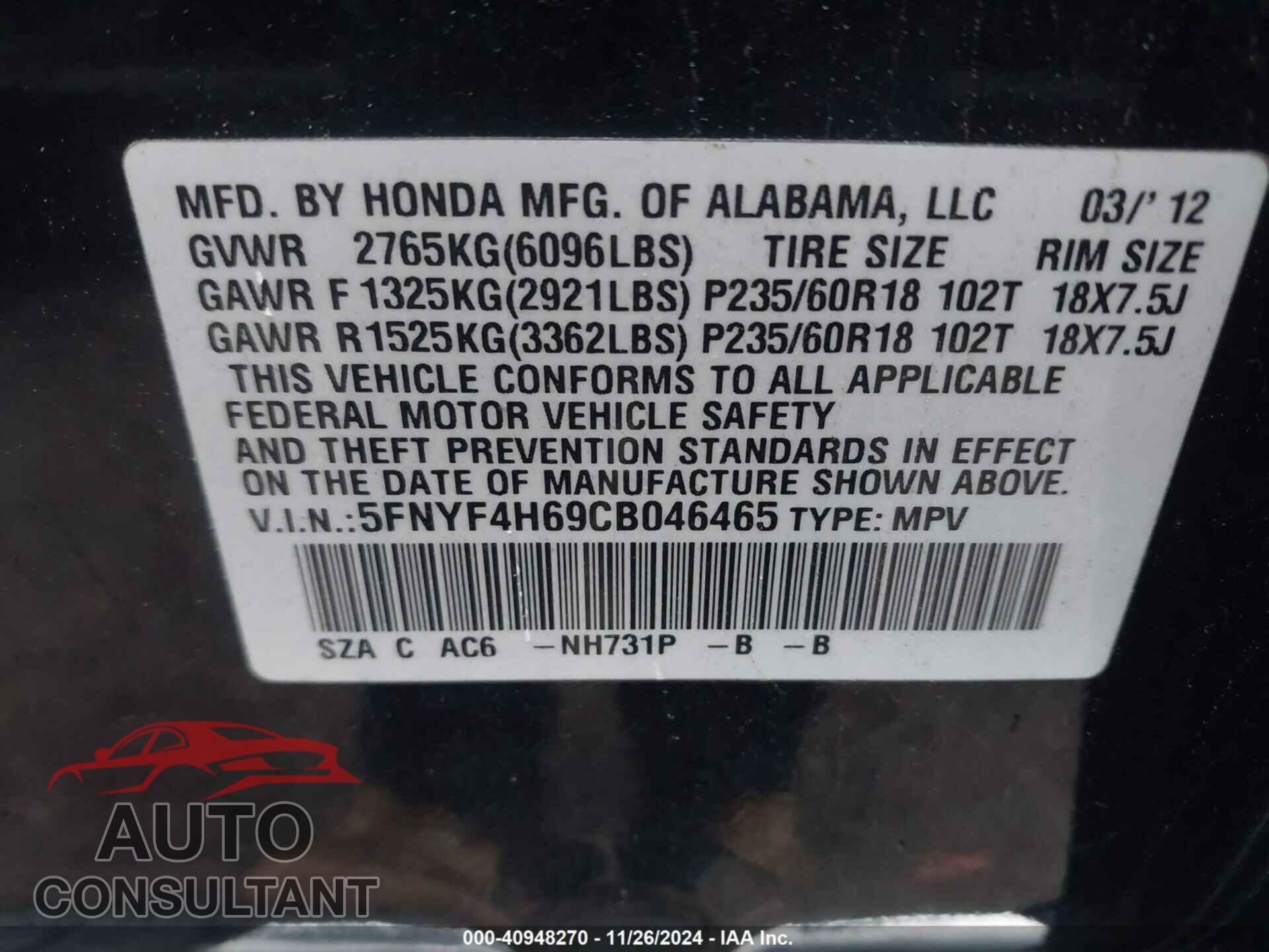 HONDA PILOT 2012 - 5FNYF4H69CB046465