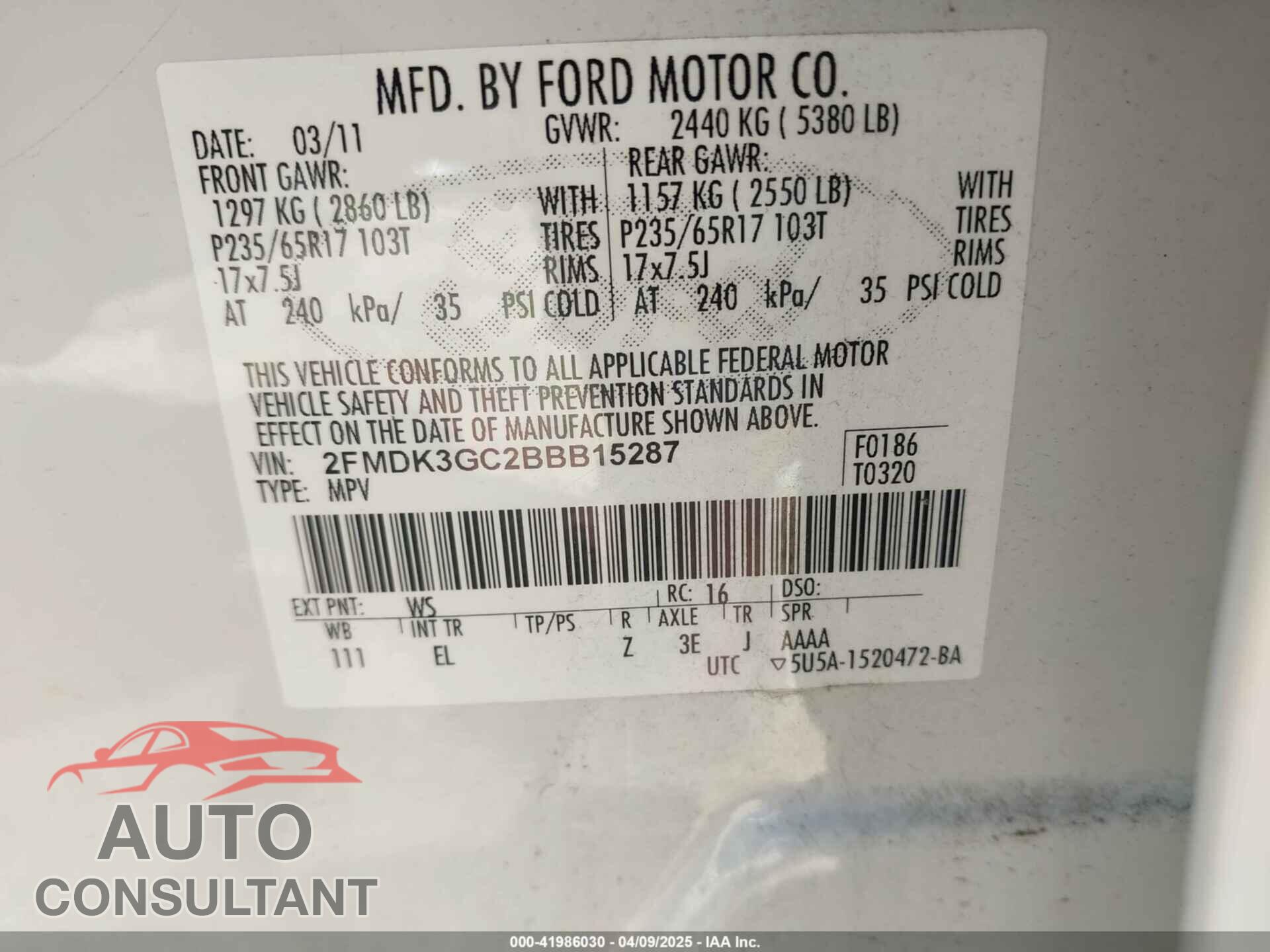FORD EDGE 2011 - 2FMDK3GC2BBB15287