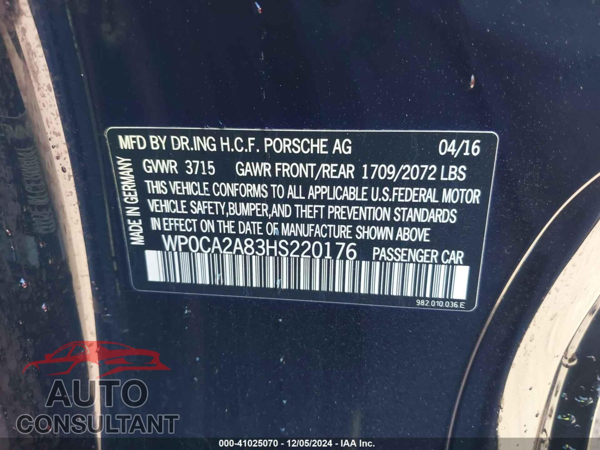 PORSCHE 718 BOXSTER 2017 - WP0CA2A83HS220176