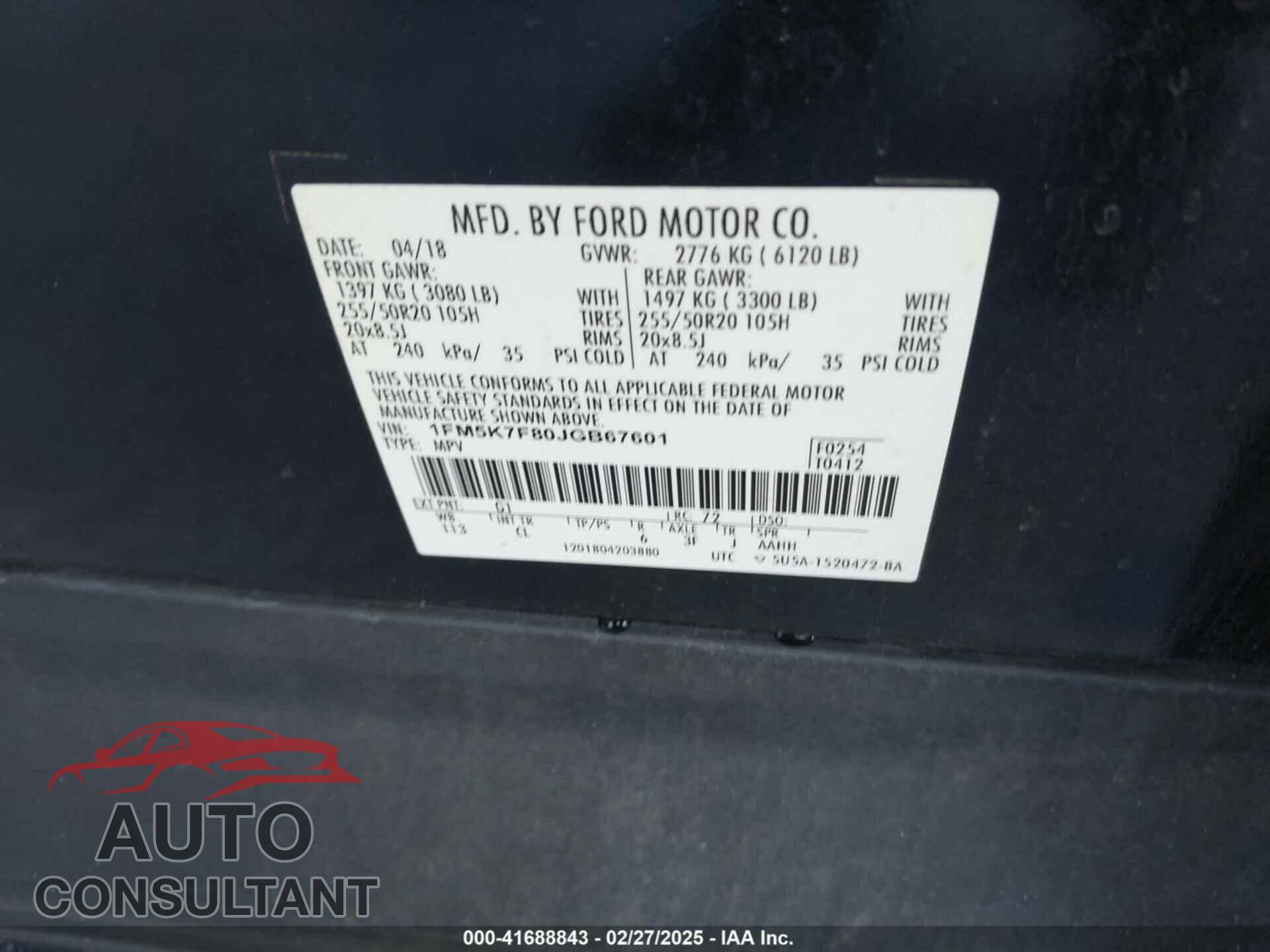 FORD EXPLORER 2018 - 1FM5K7F80JGB67601