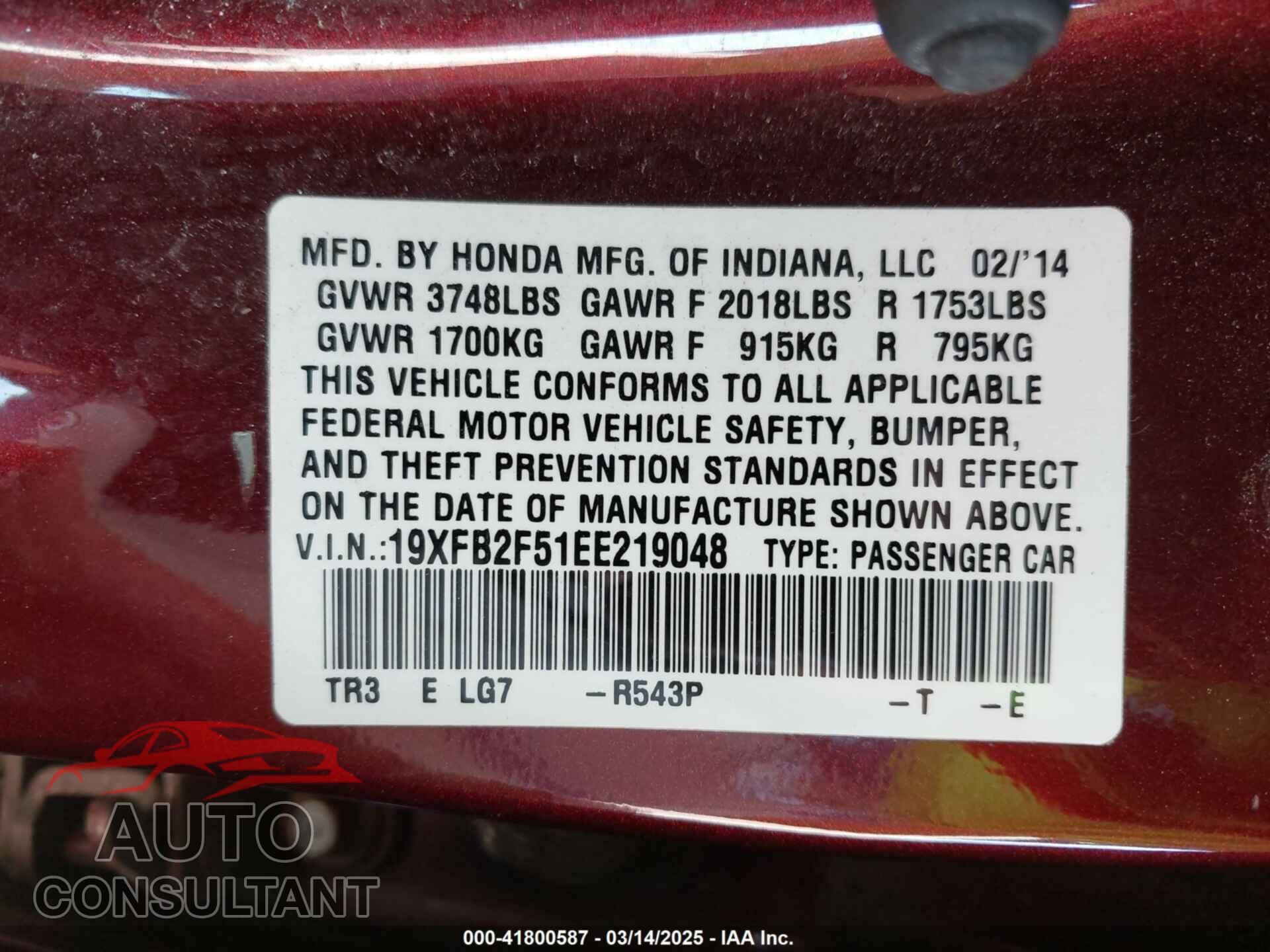HONDA CIVIC 2014 - 19XFB2F51EE219048