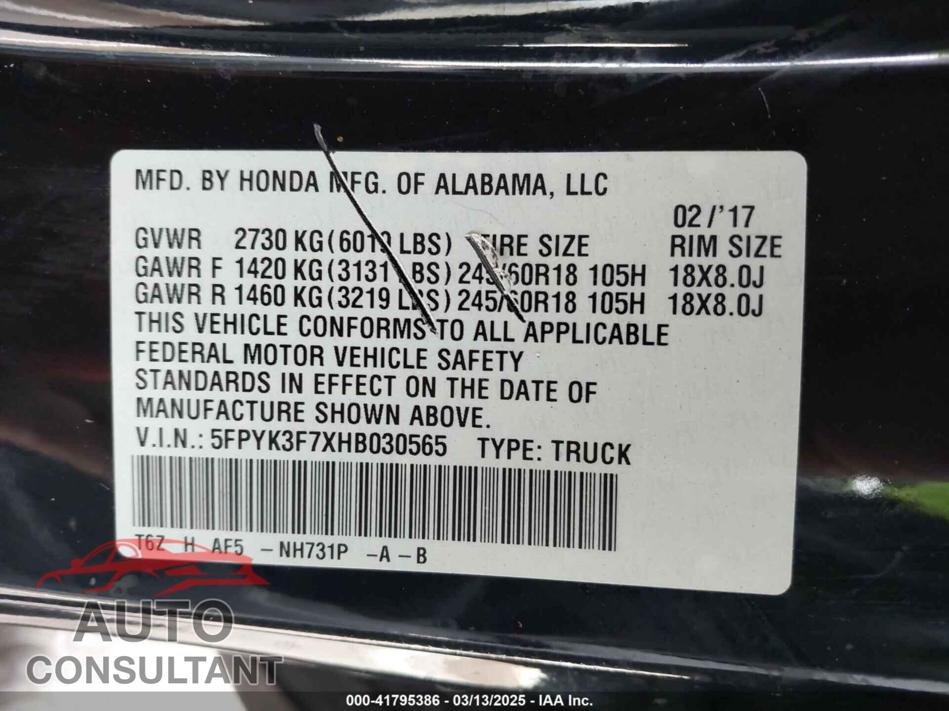 HONDA RIDGELINE 2017 - 5FPYK3F7XHB030565