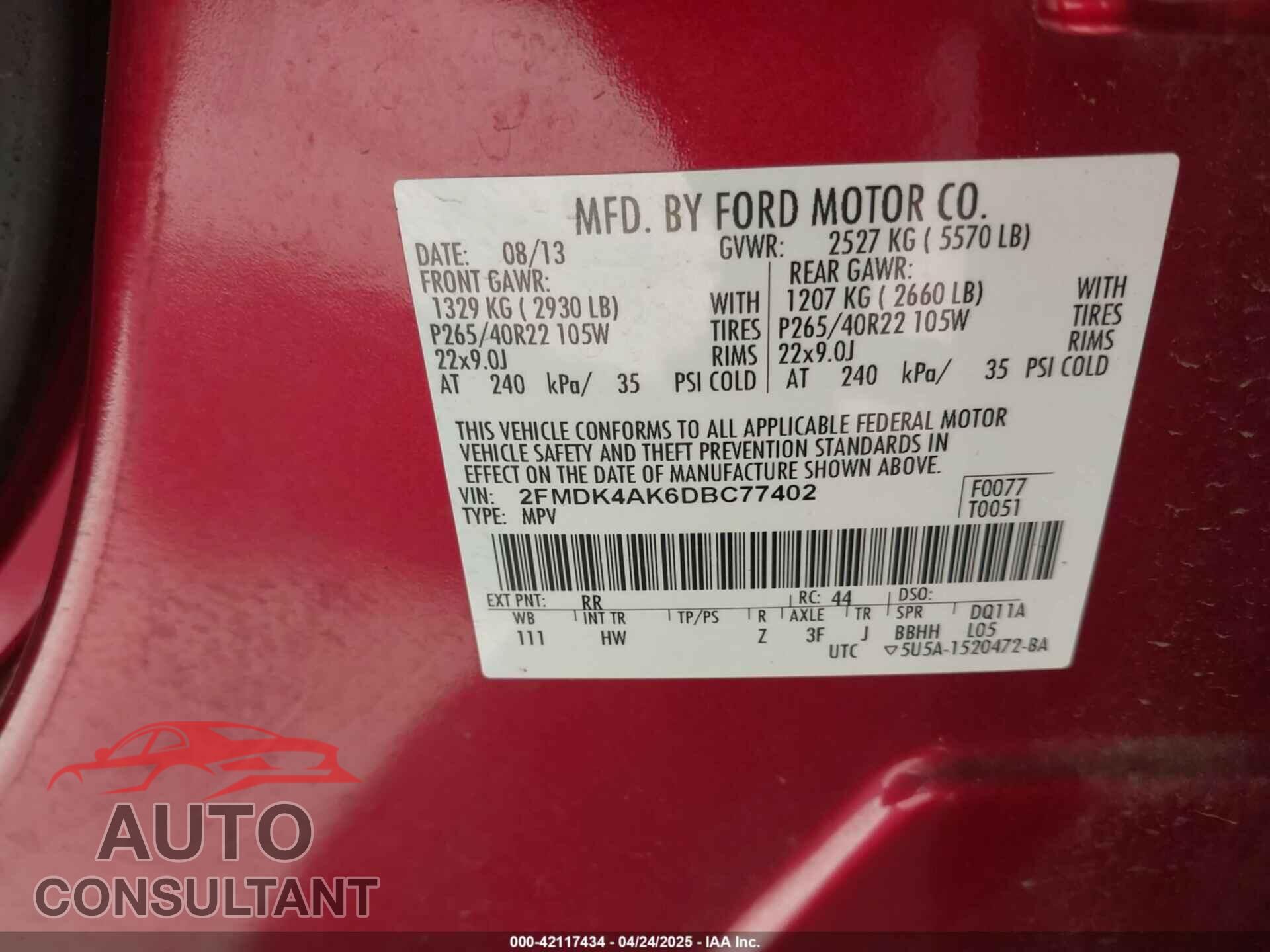 FORD EDGE 2013 - 2FMDK4AK6DBC77402