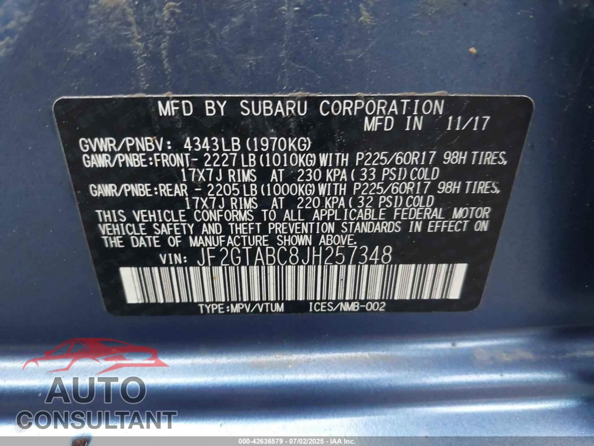 SUBARU CROSSTREK 2018 - JF2GTABC8JH257348