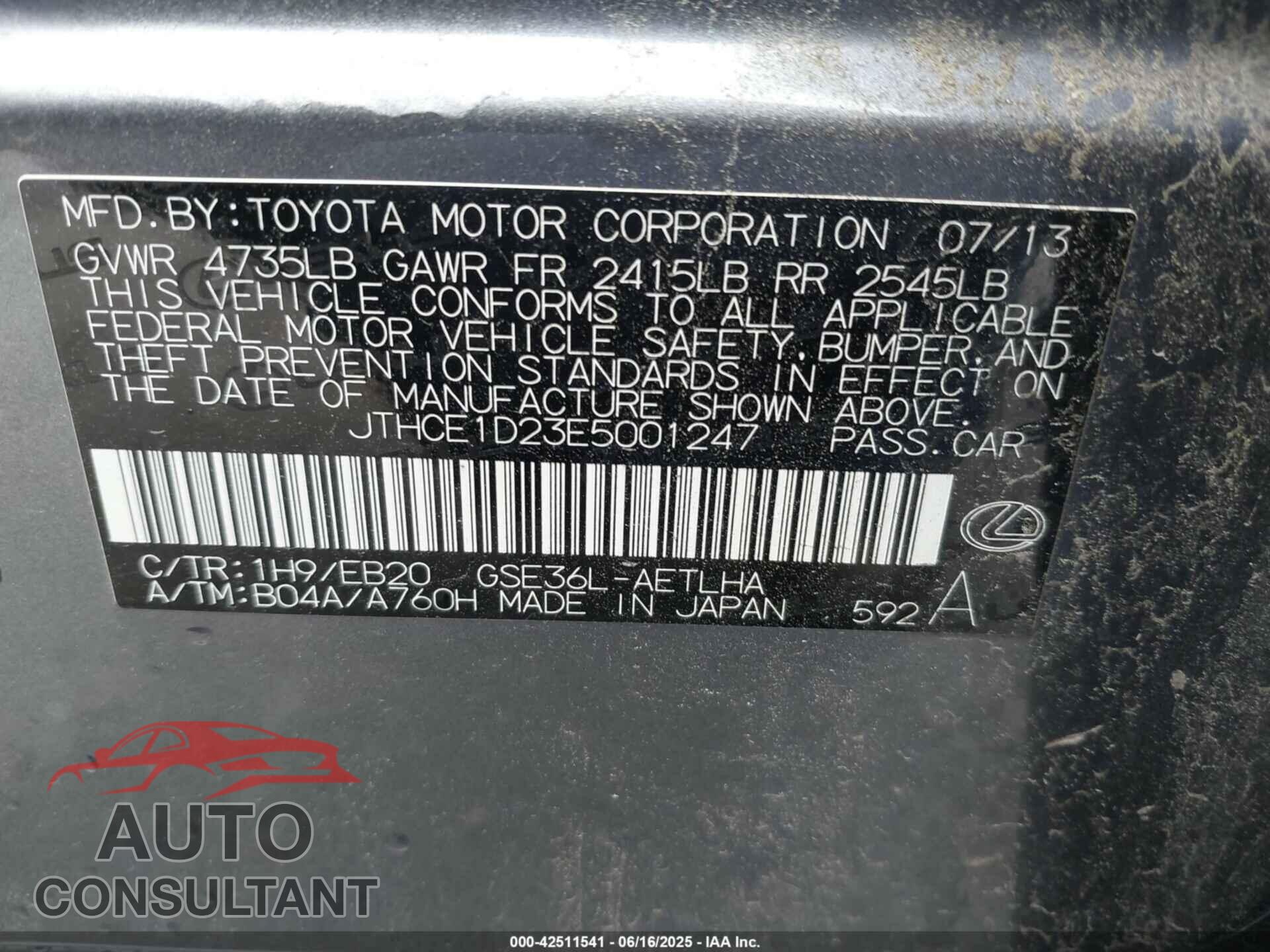 LEXUS IS 350 2014 - JTHCE1D23E5001247