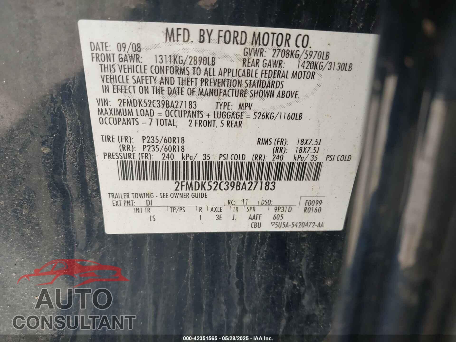 FORD FLEX 2009 - 2FMDK52C39BA27183