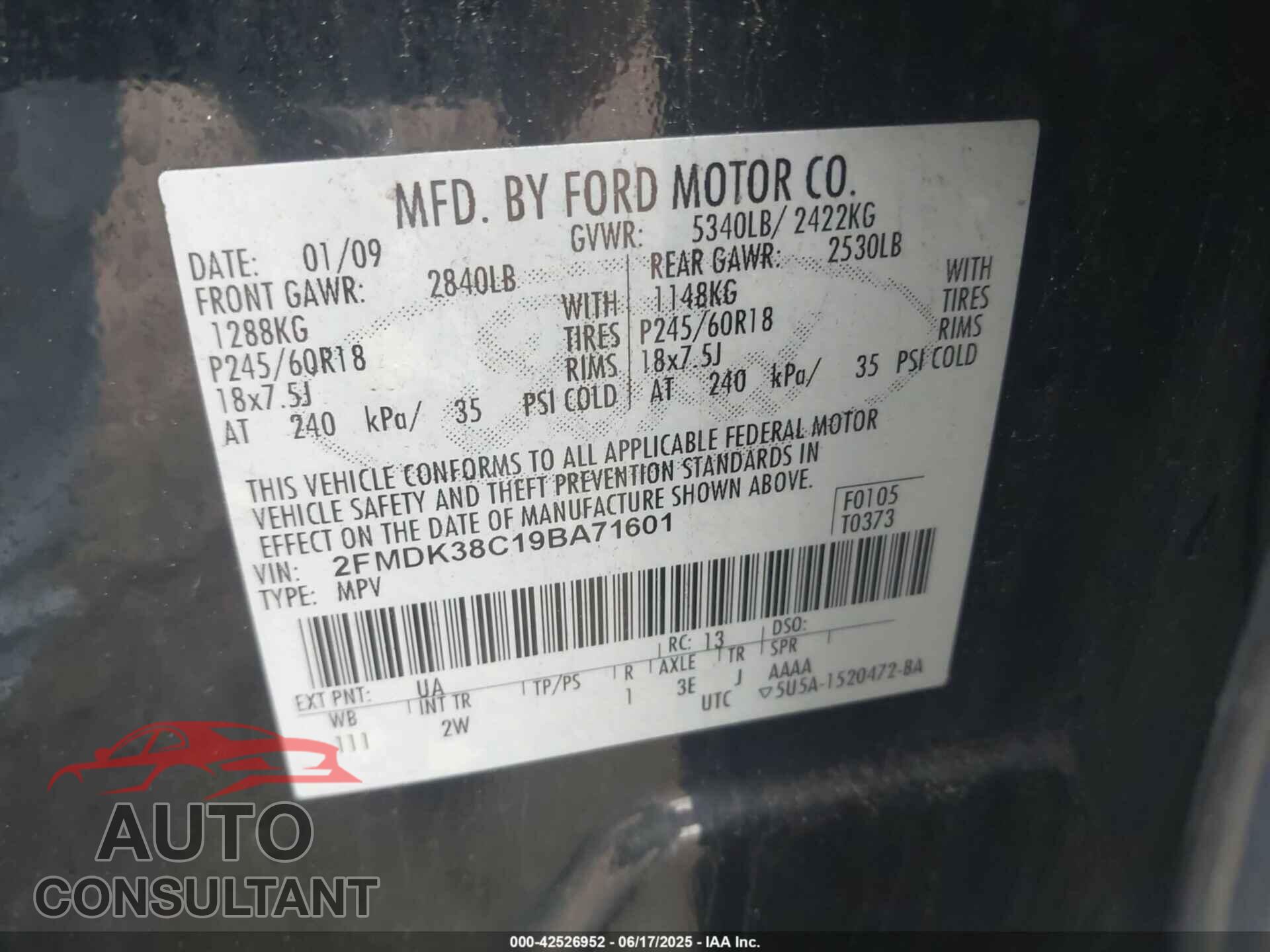 FORD EDGE 2009 - 2FMDK38C19BA71601