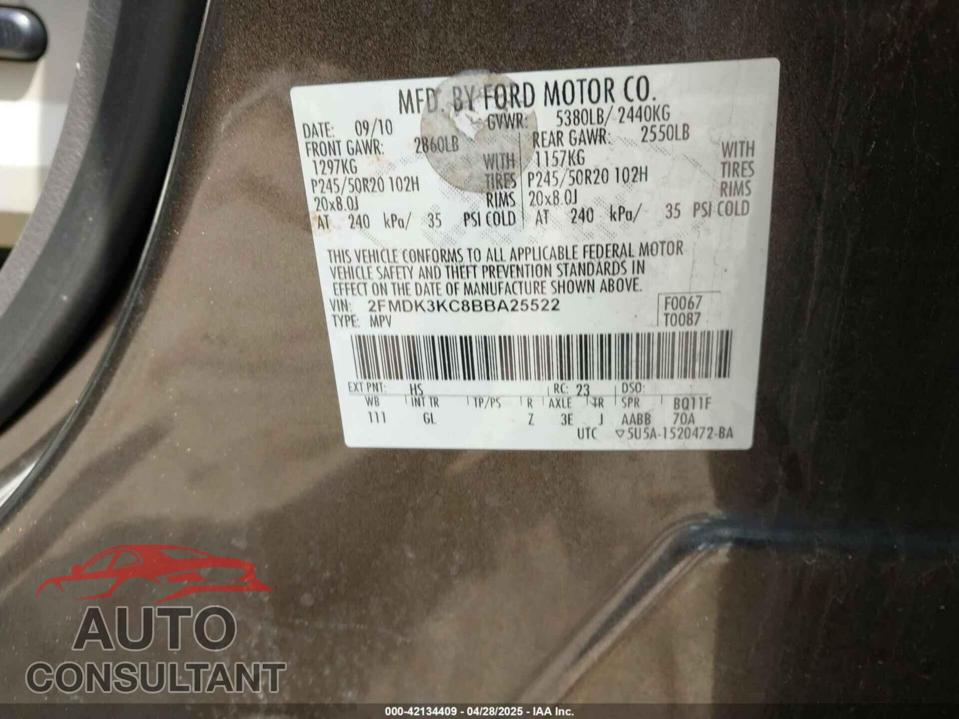 FORD EDGE 2011 - 2FMDK3KC8BBA25522