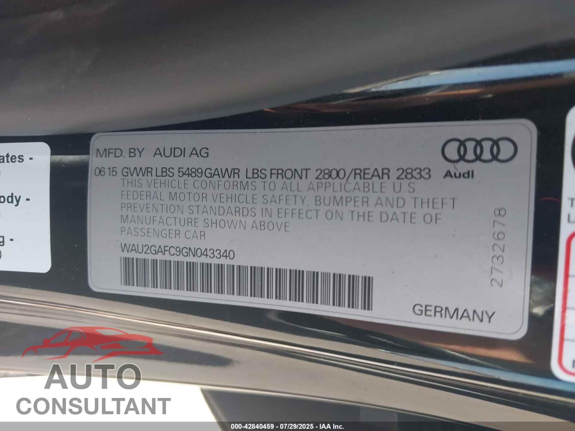 AUDI A7 2016 - WAU2GAFC9GN043340