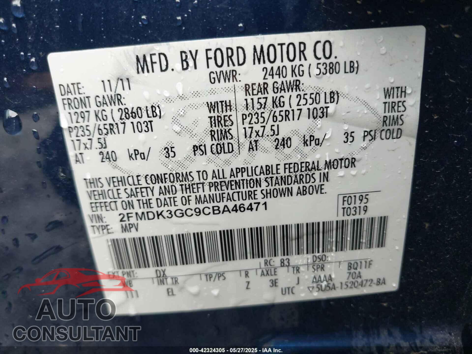 FORD EDGE 2012 - 2FMDK3GC9CBA46471