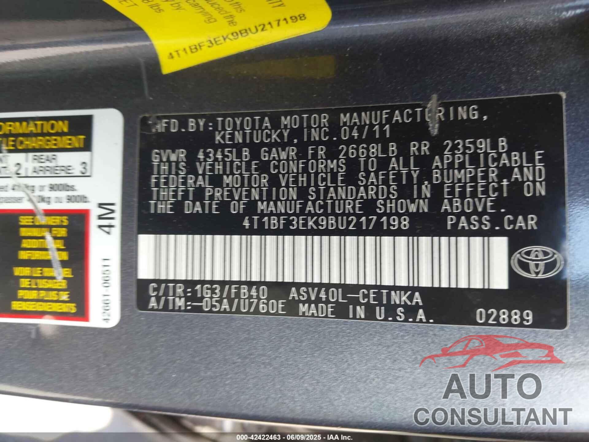 TOYOTA CAMRY 2011 - 4T1BF3EK9BU217198