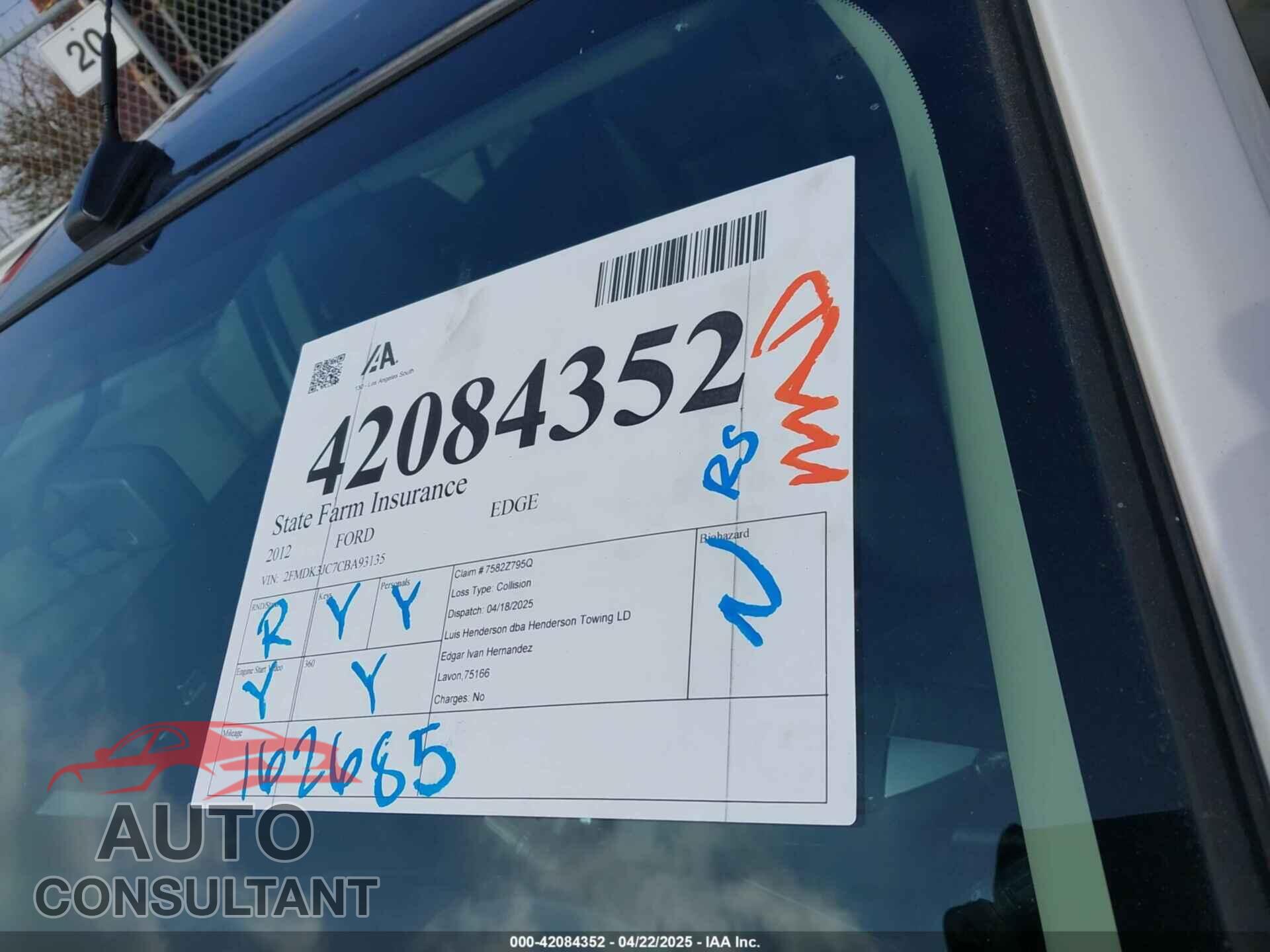 FORD EDGE 2012 - 2FMDK3JC7CBA93135