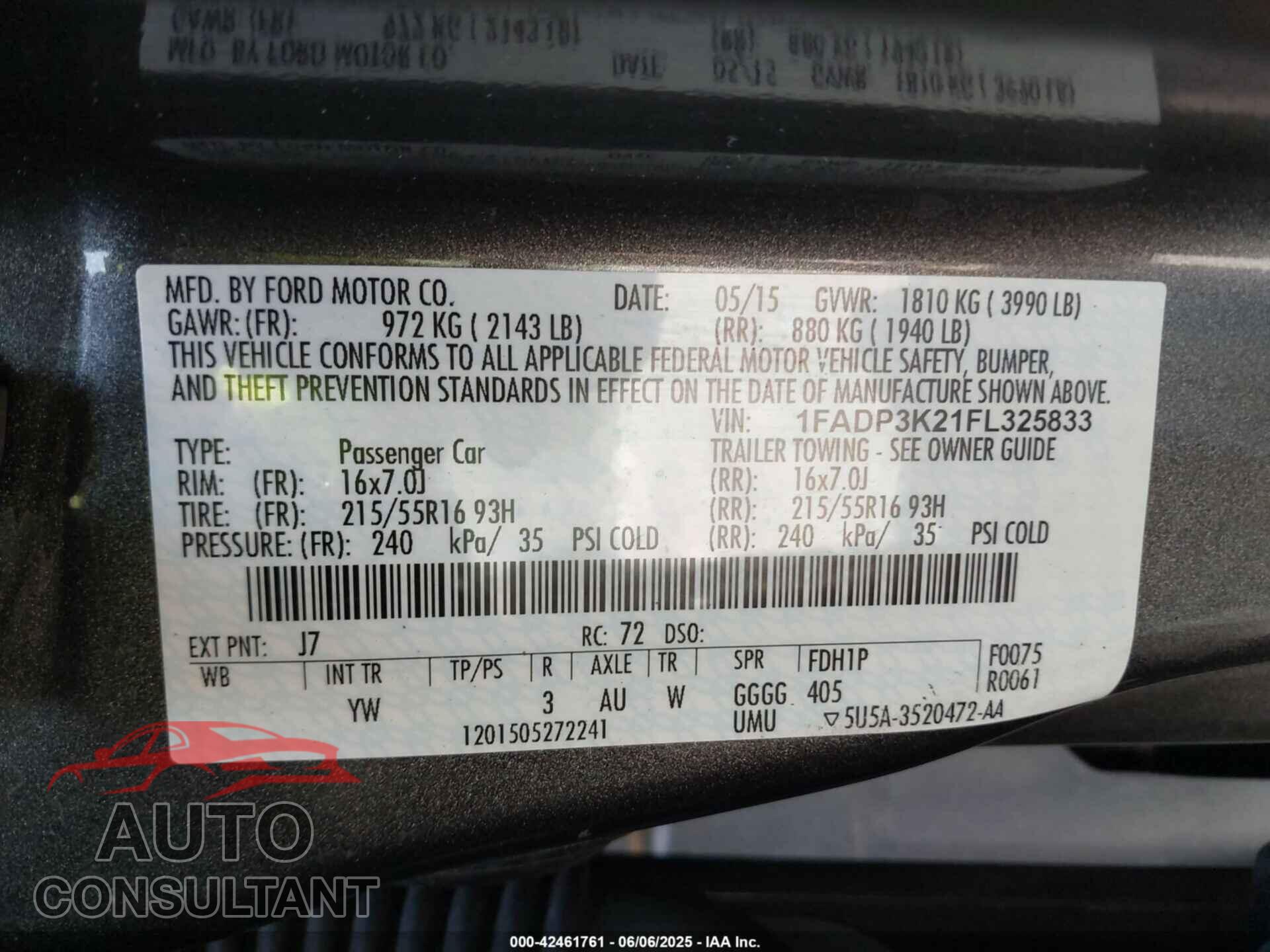 FORD FOCUS 2015 - 1FADP3K21FL325833