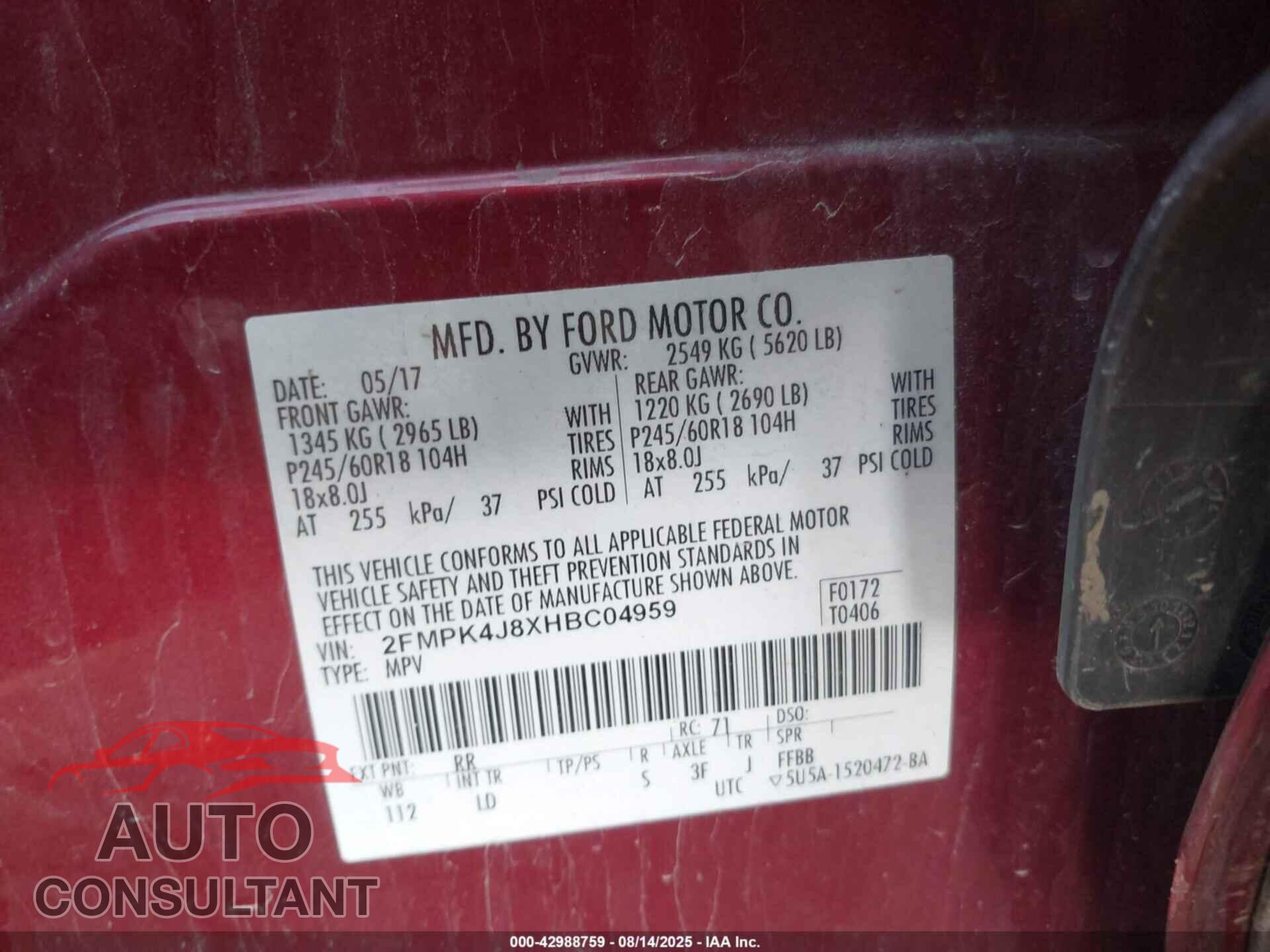 FORD EDGE 2017 - 2FMPK4J8XHBC04959