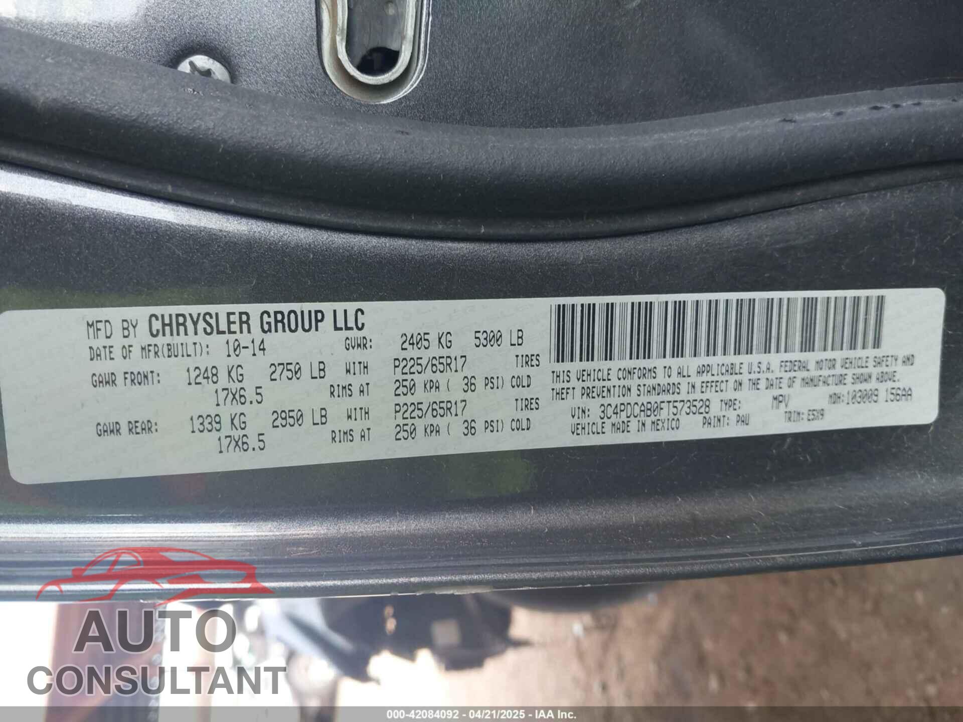 DODGE JOURNEY 2015 - 3C4PDCAB0FT573528