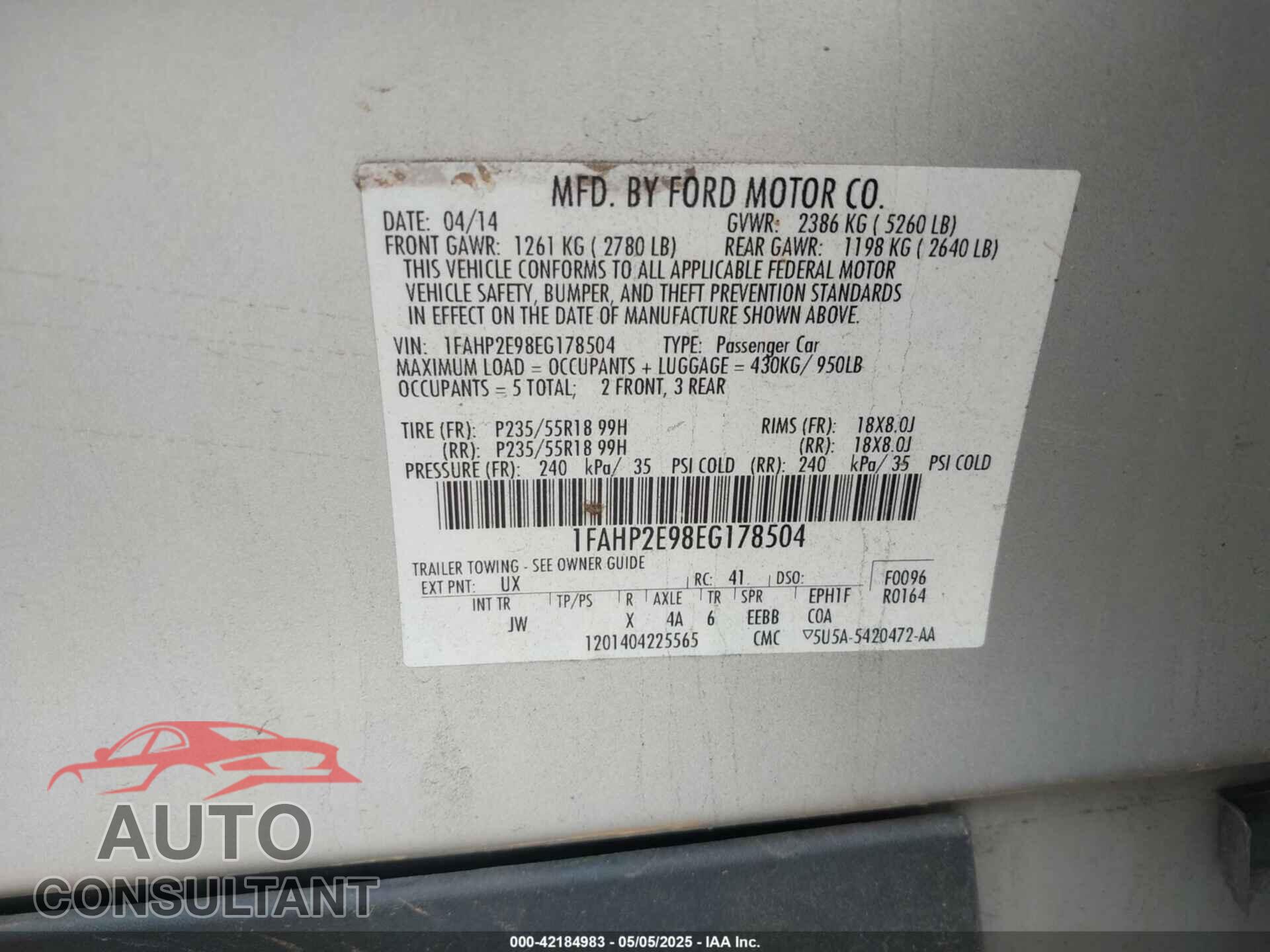 FORD TAURUS 2014 - 1FAHP2E98EG178504