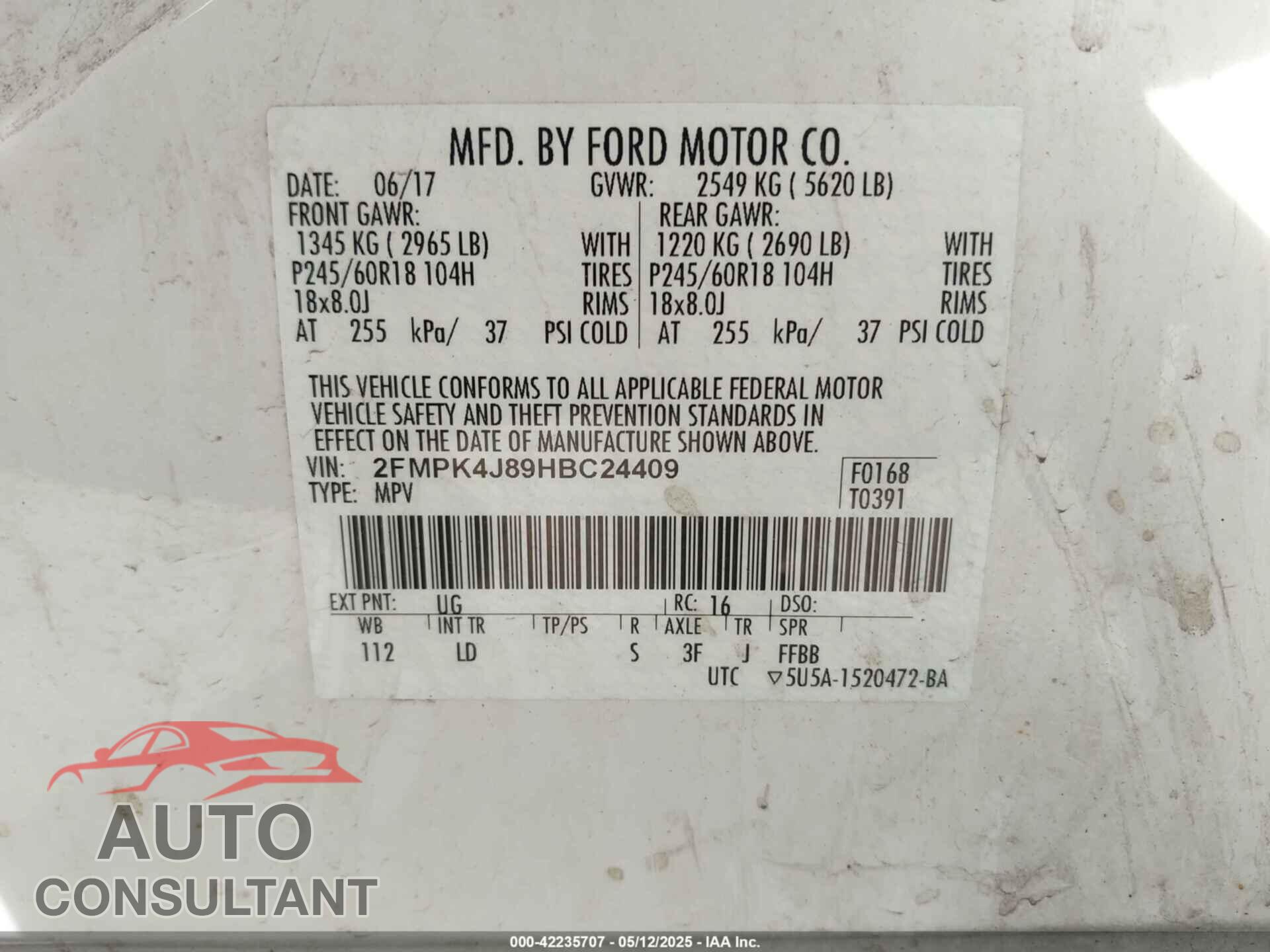 FORD EDGE 2017 - 2FMPK4J89HBC24409