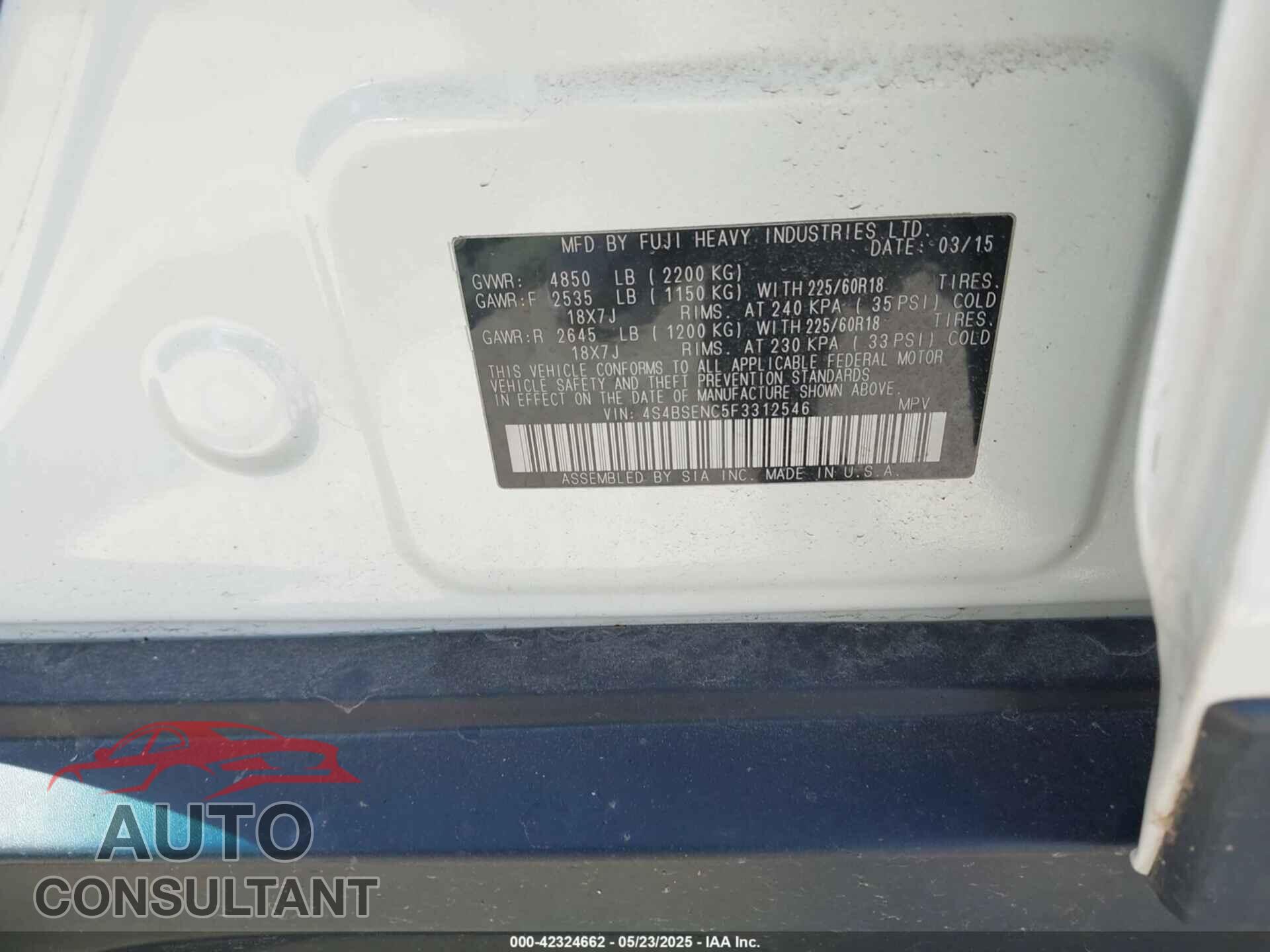 SUBARU OUTBACK 2015 - 4S4BSENC5F3312546