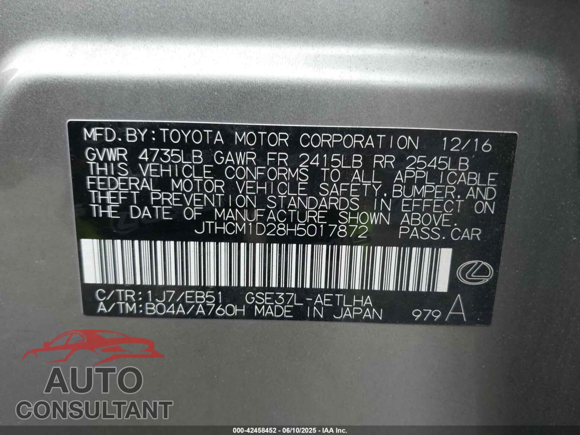 LEXUS IS 300 2017 - JTHCM1D28H5017872