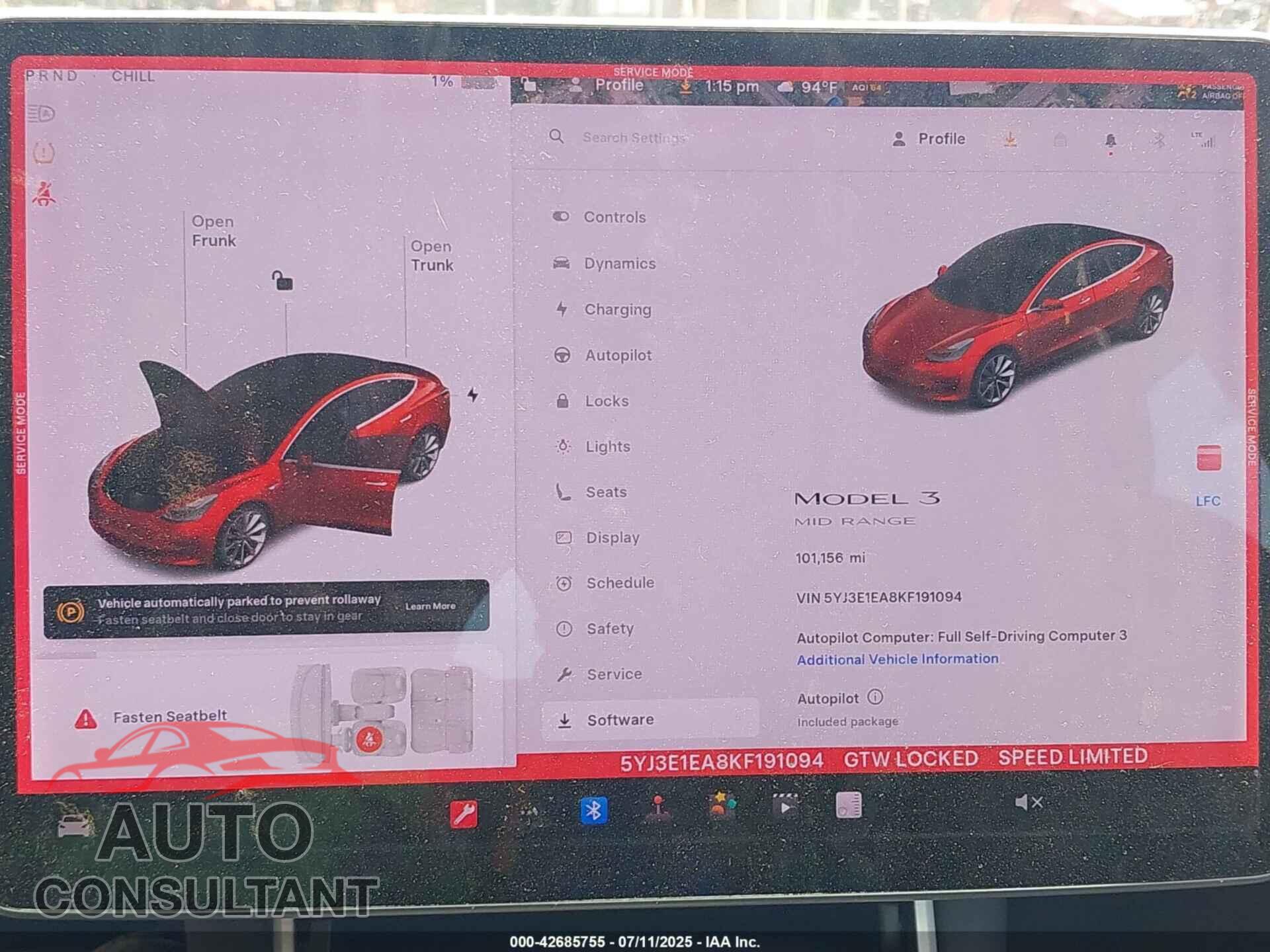 TESLA MODEL 3 2019 - 5YJ3E1EA8KF191094