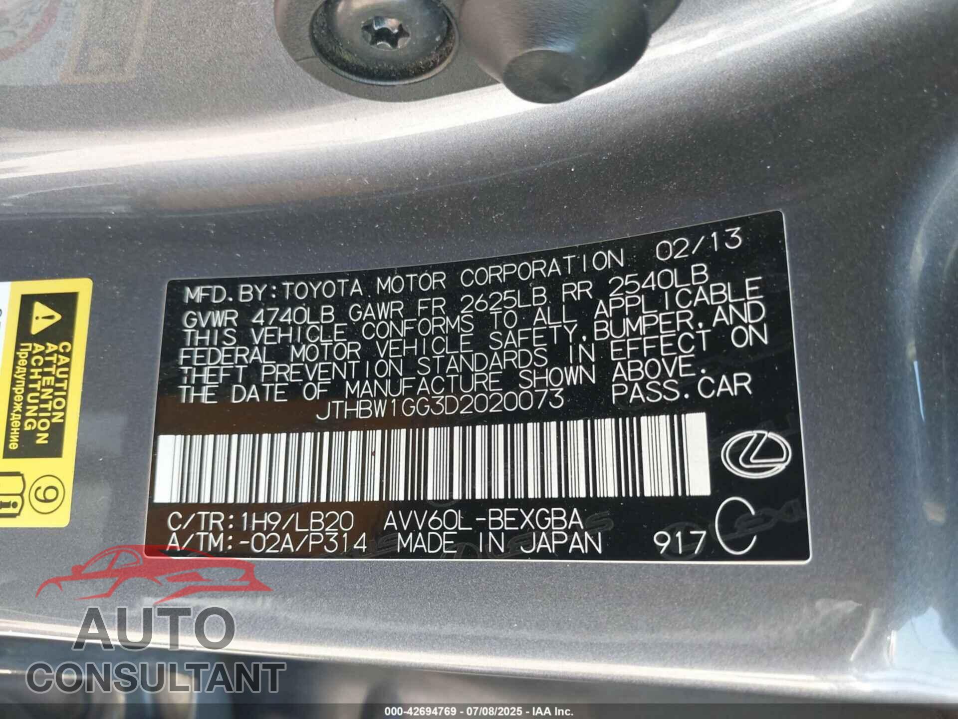LEXUS ES 300H 2013 - JTHBW1GG3D2020073
