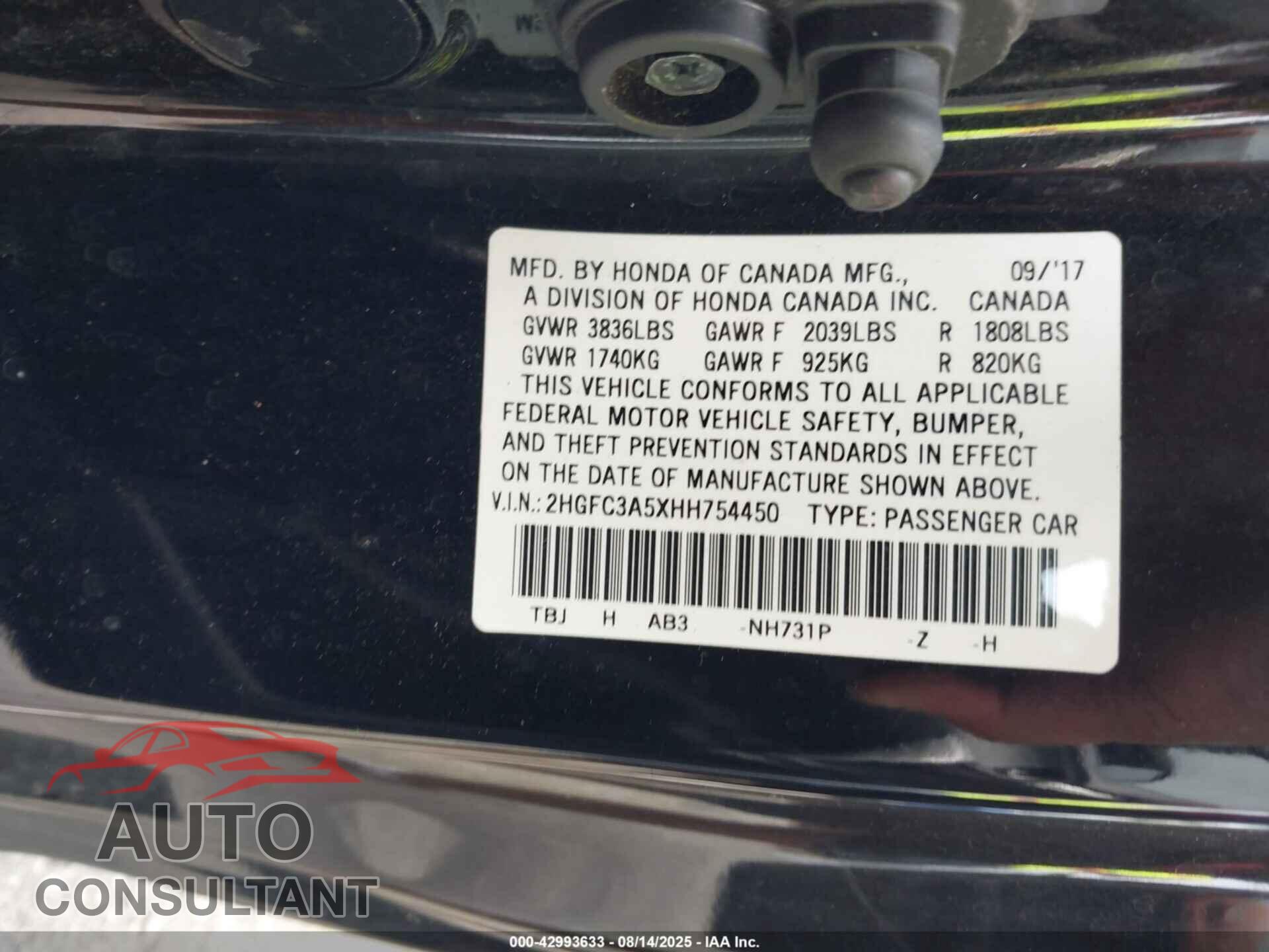 HONDA CIVIC 2017 - 2HGFC3A5XHH754450