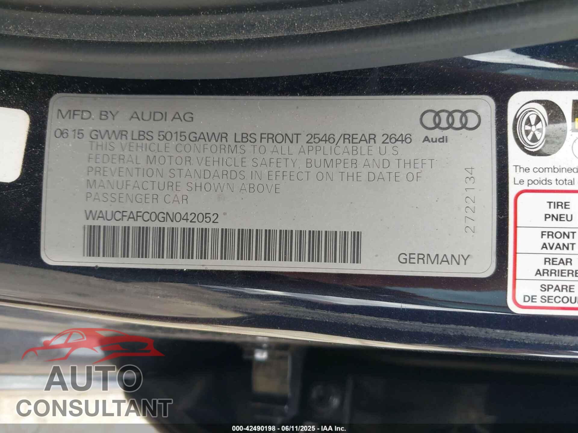 AUDI A6 2016 - WAUCFAFC0GN042052