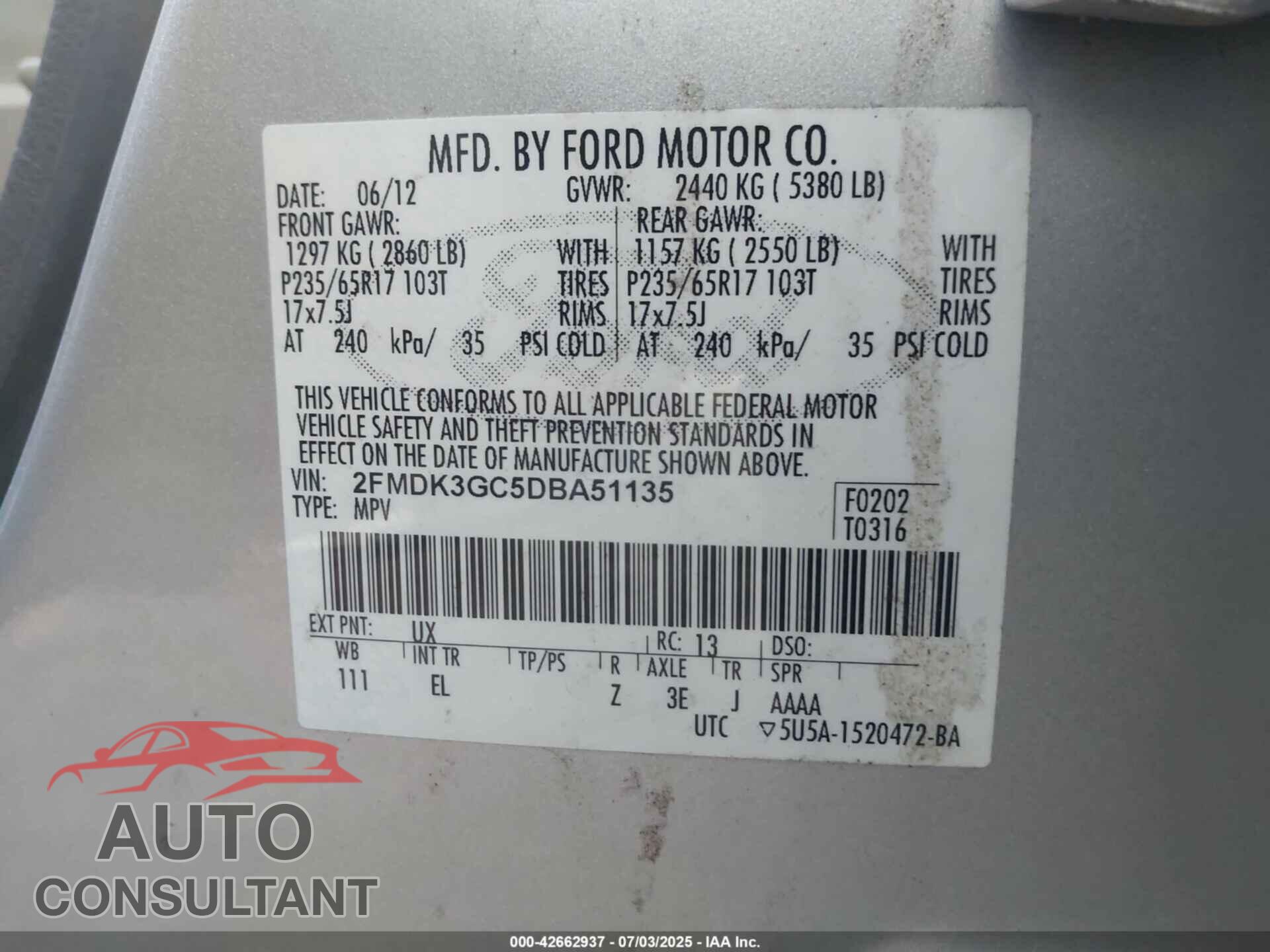 FORD EDGE 2013 - 2FMDK3GC5DBA51135