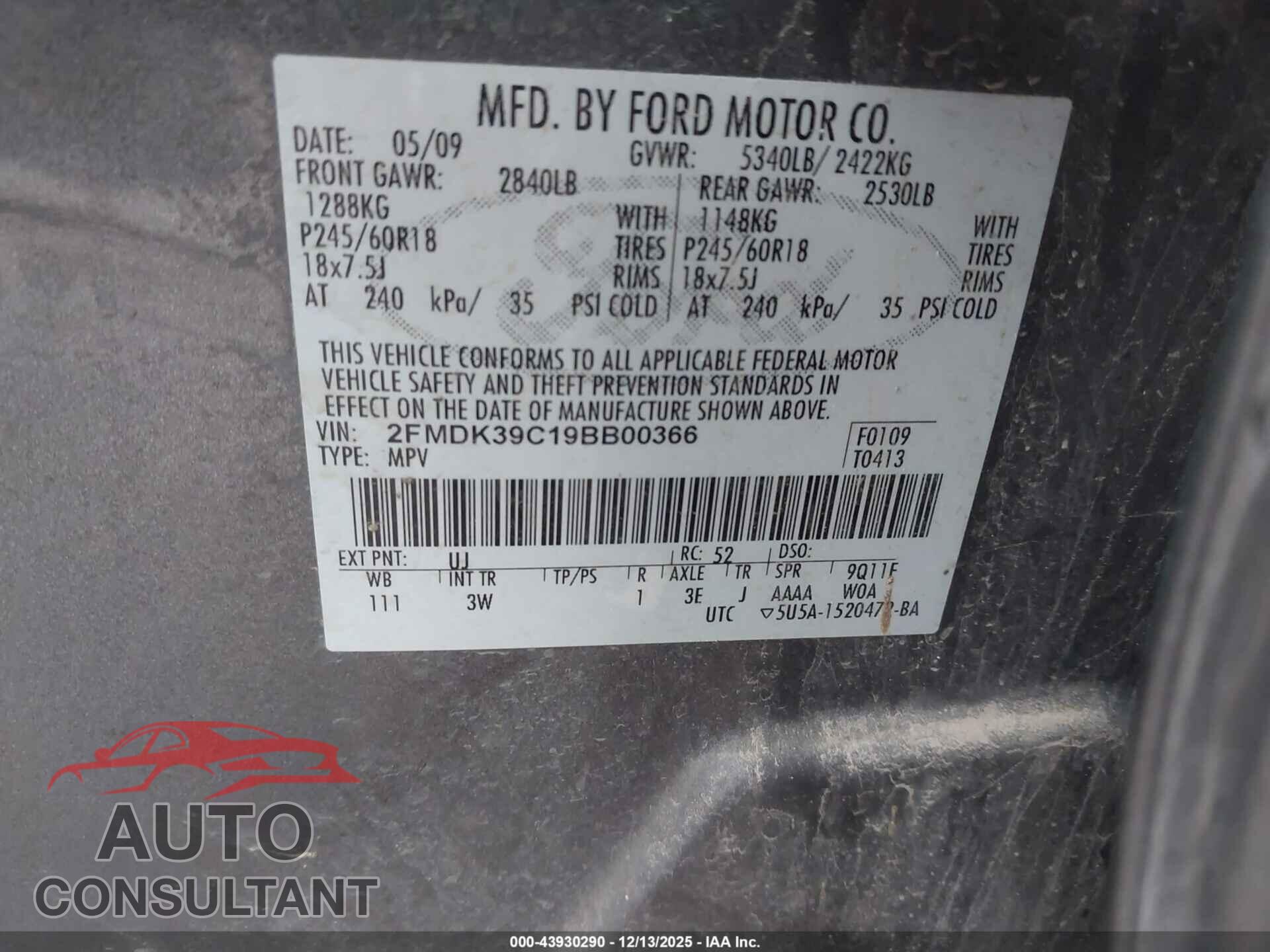 FORD EDGE 2009 - 2FMDK39C19BB00366