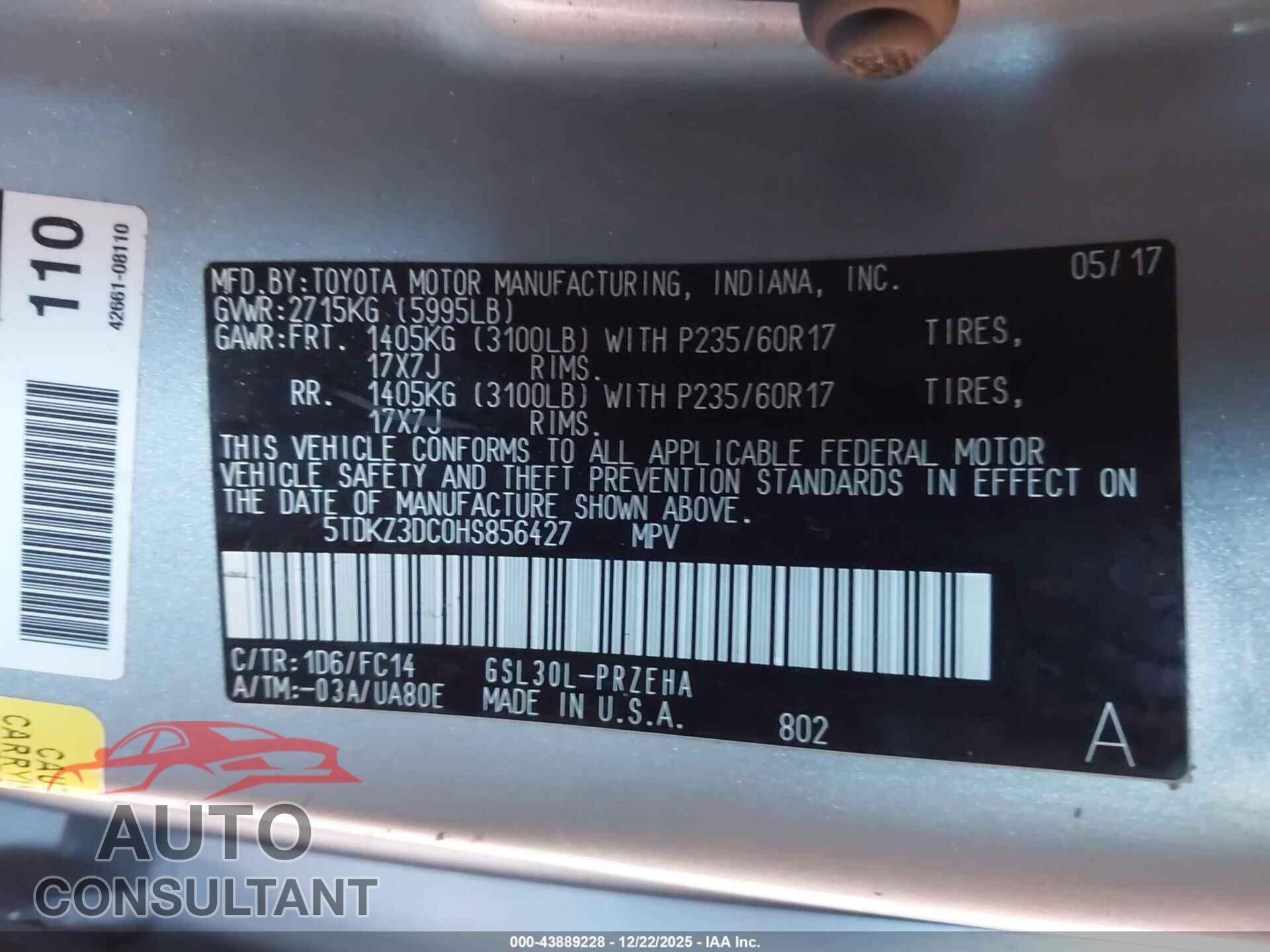 TOYOTA SIENNA 2017 - 5TDKZ3DC0HS856427