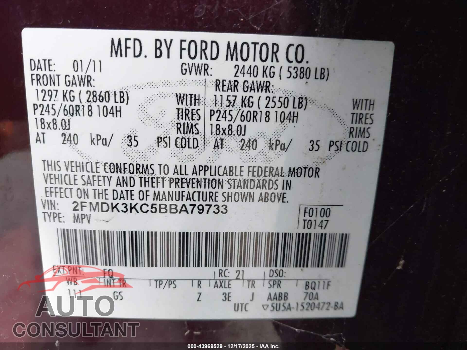 FORD EDGE 2011 - 2FMDK3KC5BBA79733