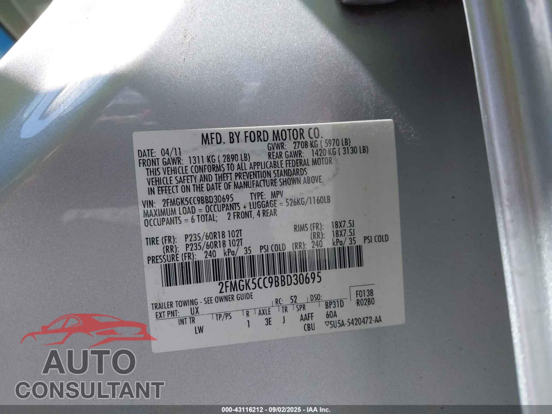 FORD FLEX 2011 - 2FMGK5CC9BBD30695