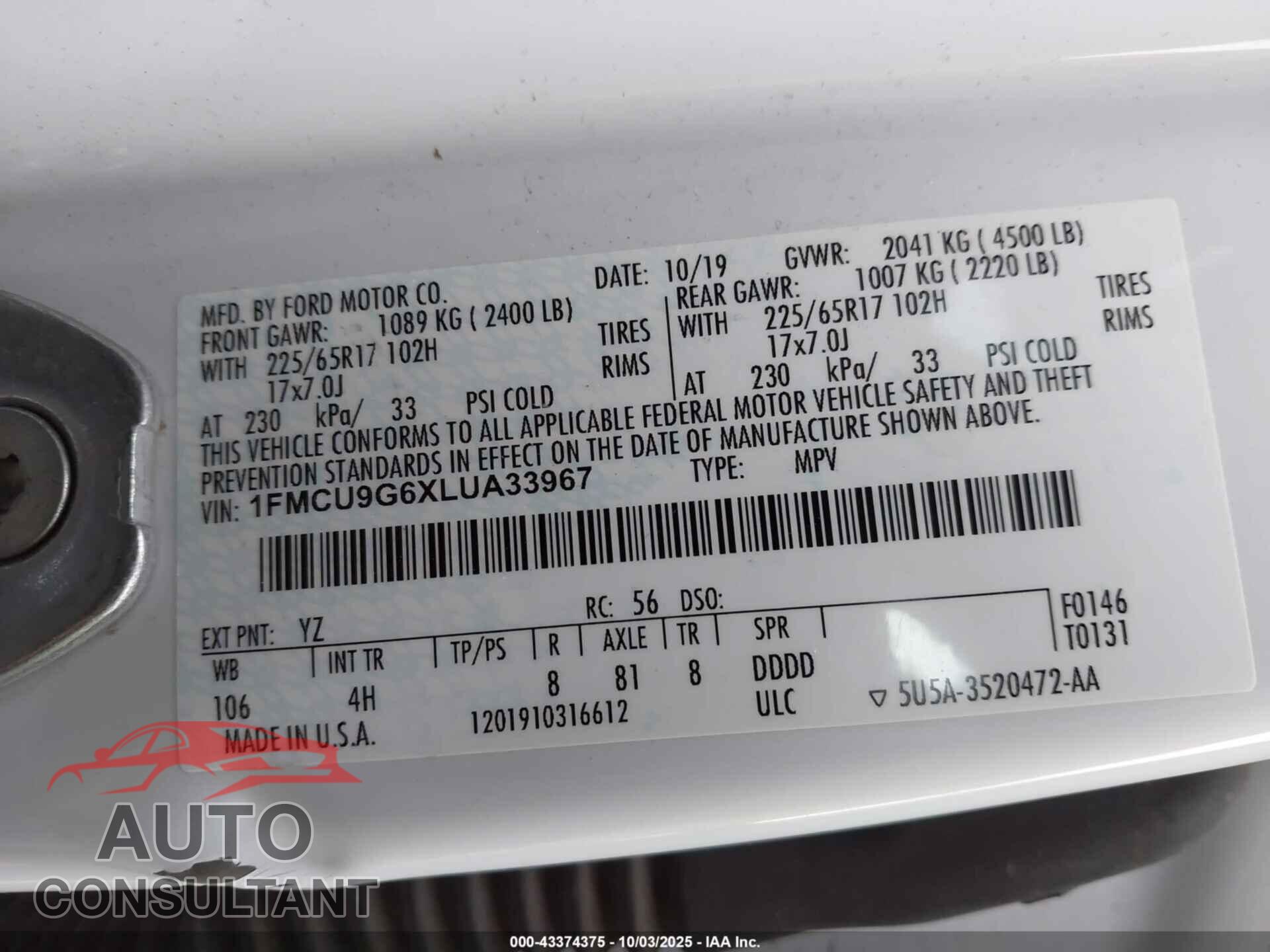 FORD ESCAPE 2020 - 1FMCU9G6XLUA33967