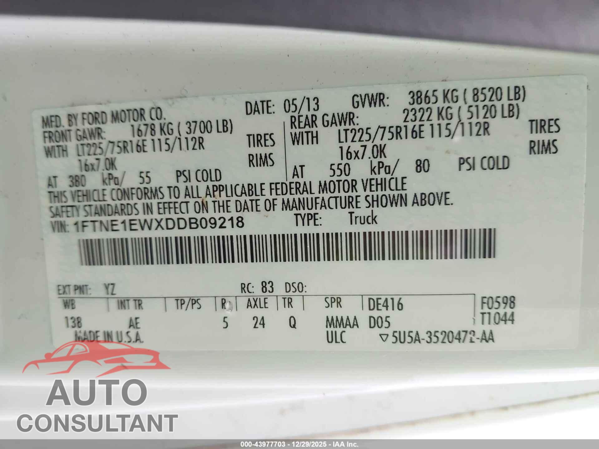FORD E-150 2013 - 1FTNE1EWXDDB09218