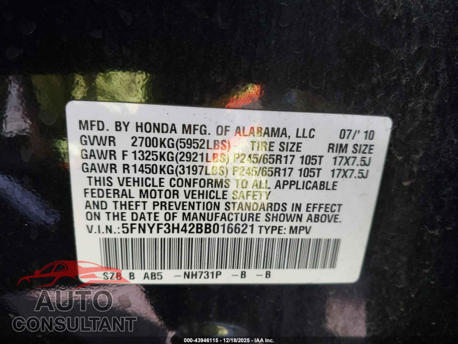 HONDA PILOT 2011 - 5FNYF3H42BB016621