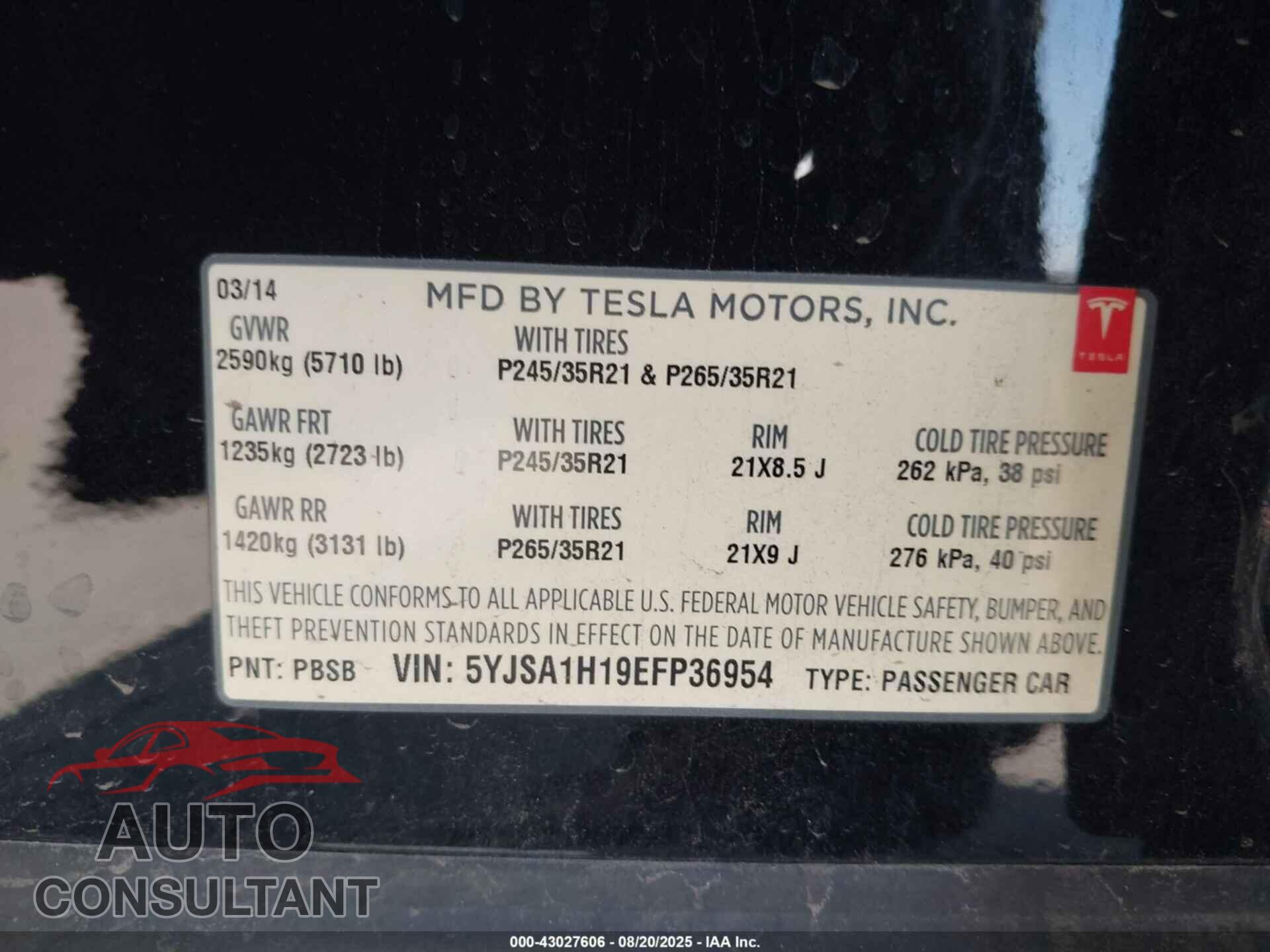 TESLA MODEL S 2014 - 5YJSA1H19EFP36954