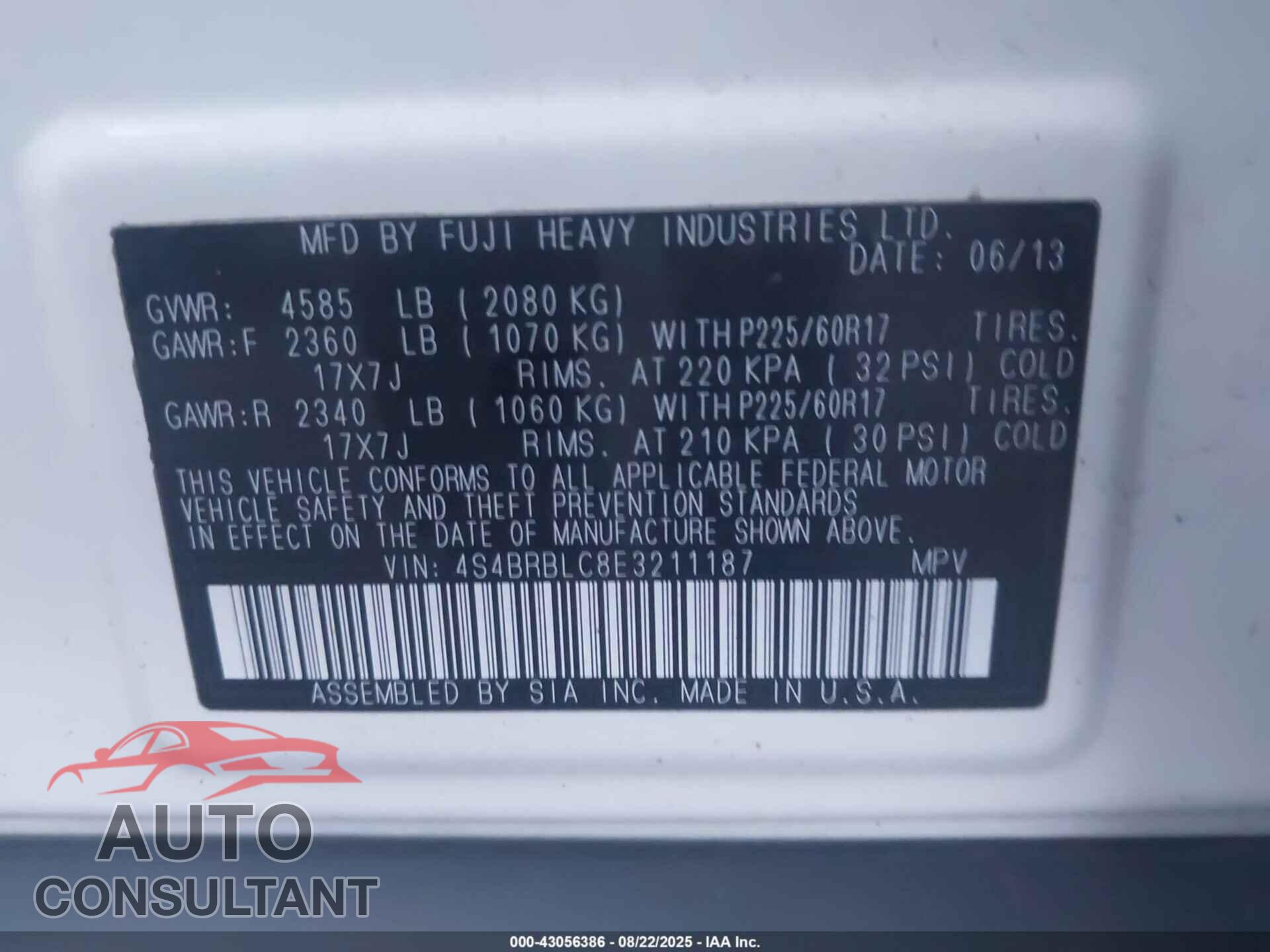 SUBARU OUTBACK 2014 - 4S4BRBLC8E3211187