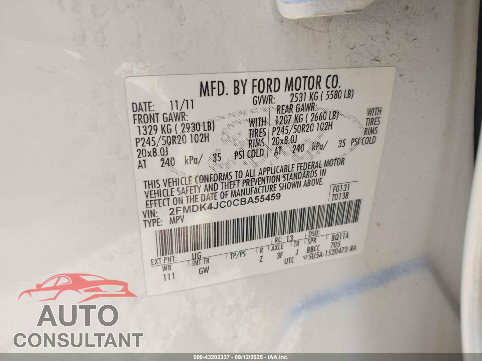 FORD EDGE 2012 - 2FMDK4JC0CBA55459