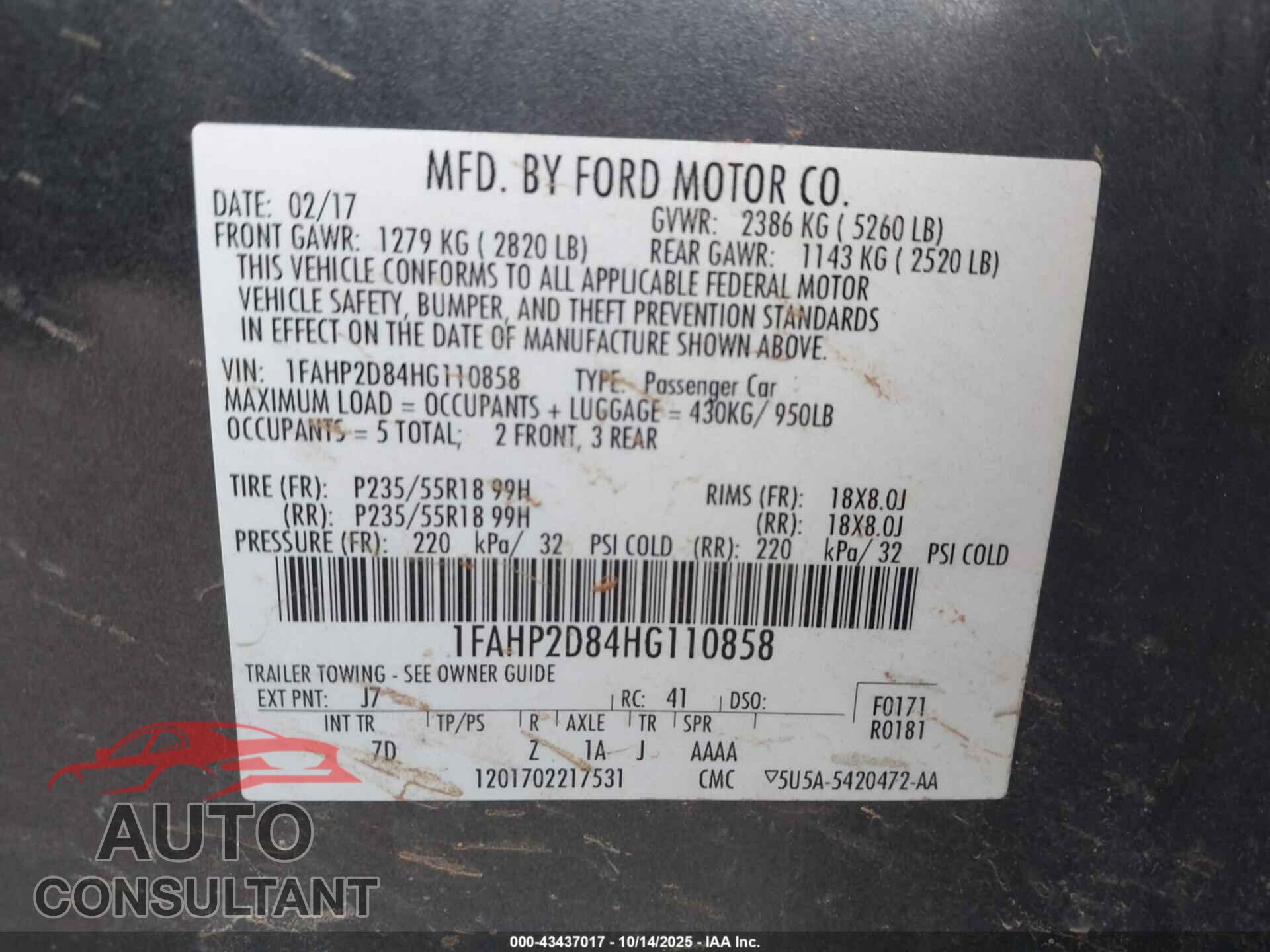 FORD TAURUS 2017 - 1FAHP2D84HG110858